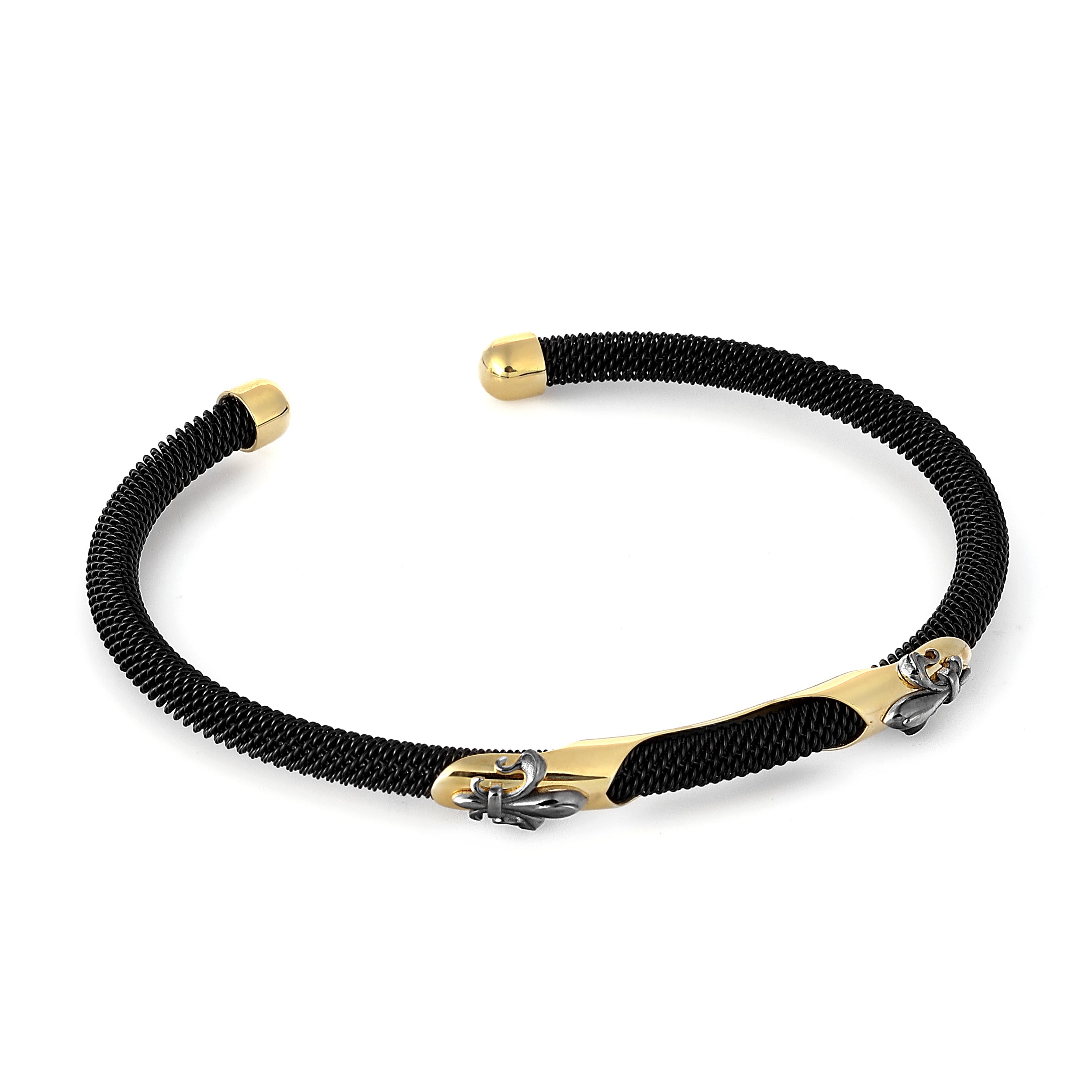 Braided Steel Cuff Fleur de Lis in 14K Gold