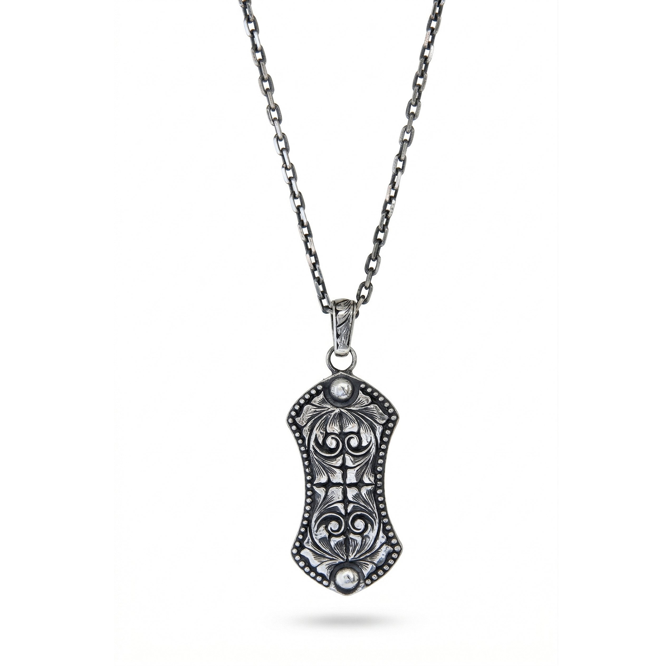 Arc Shield Engraved Necklace in Sterling Silver