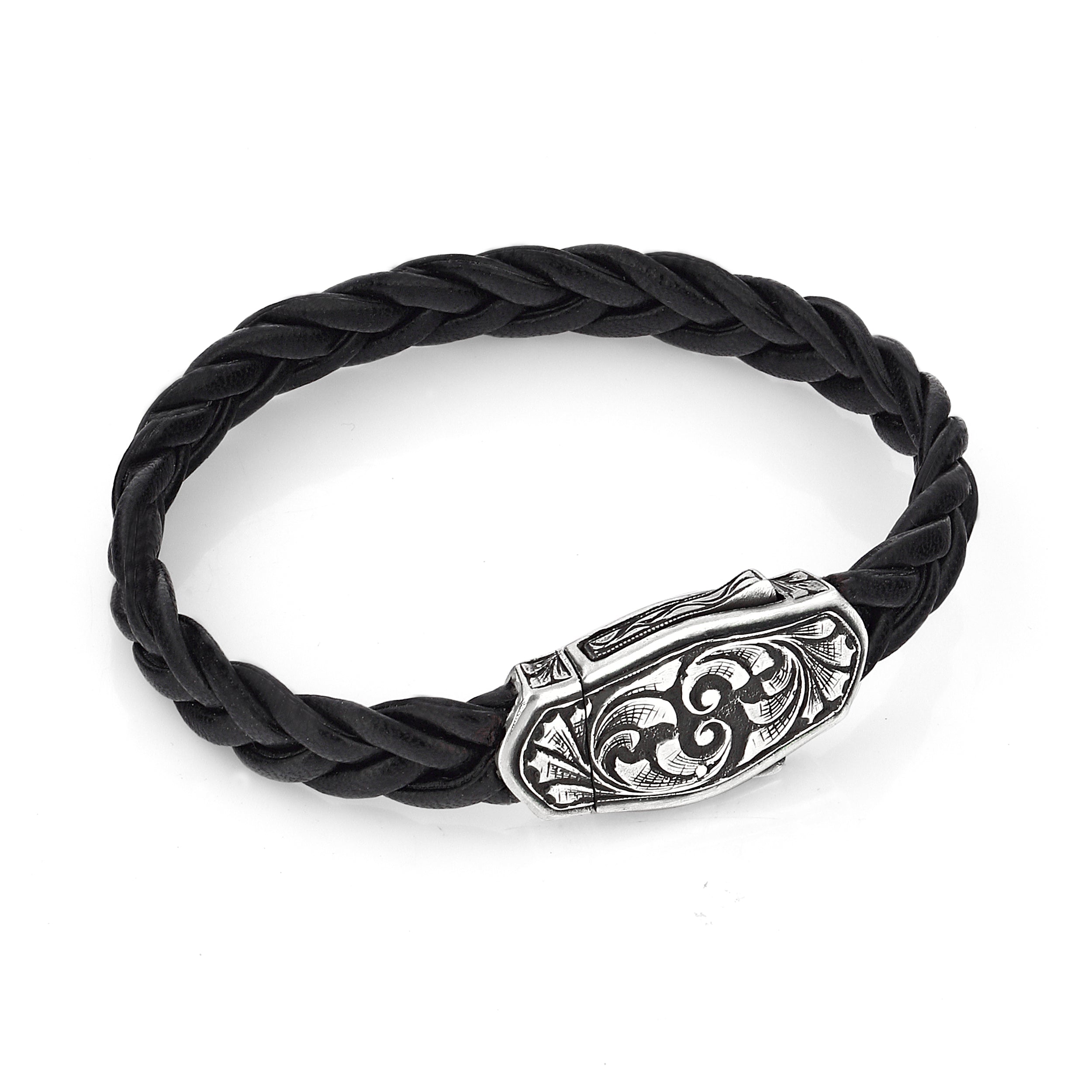 Arc Engraved Braided Leather Bracelet in Sterling Silver