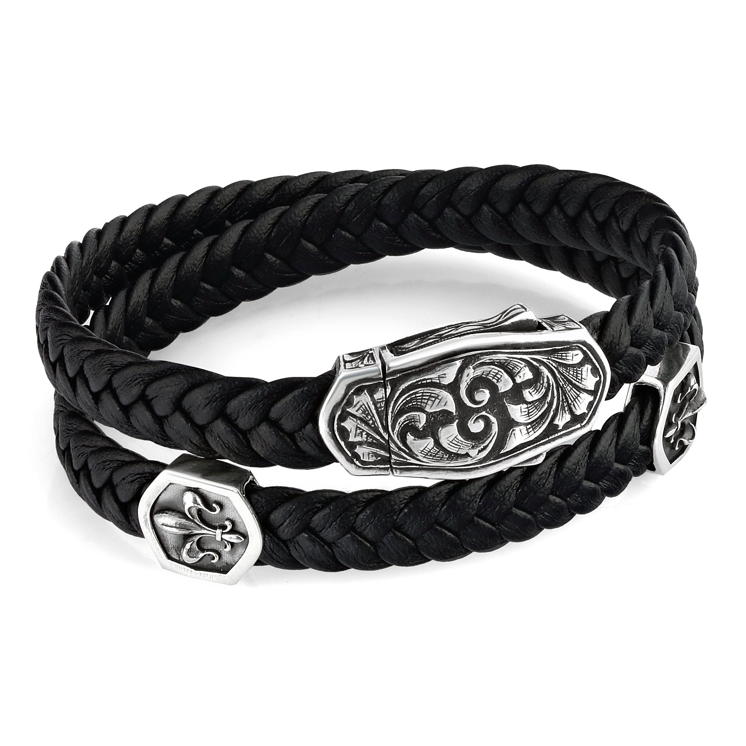 Arc Engraved Braided Fleur de Lis (double Cord) Bracelet in Sterling Silver