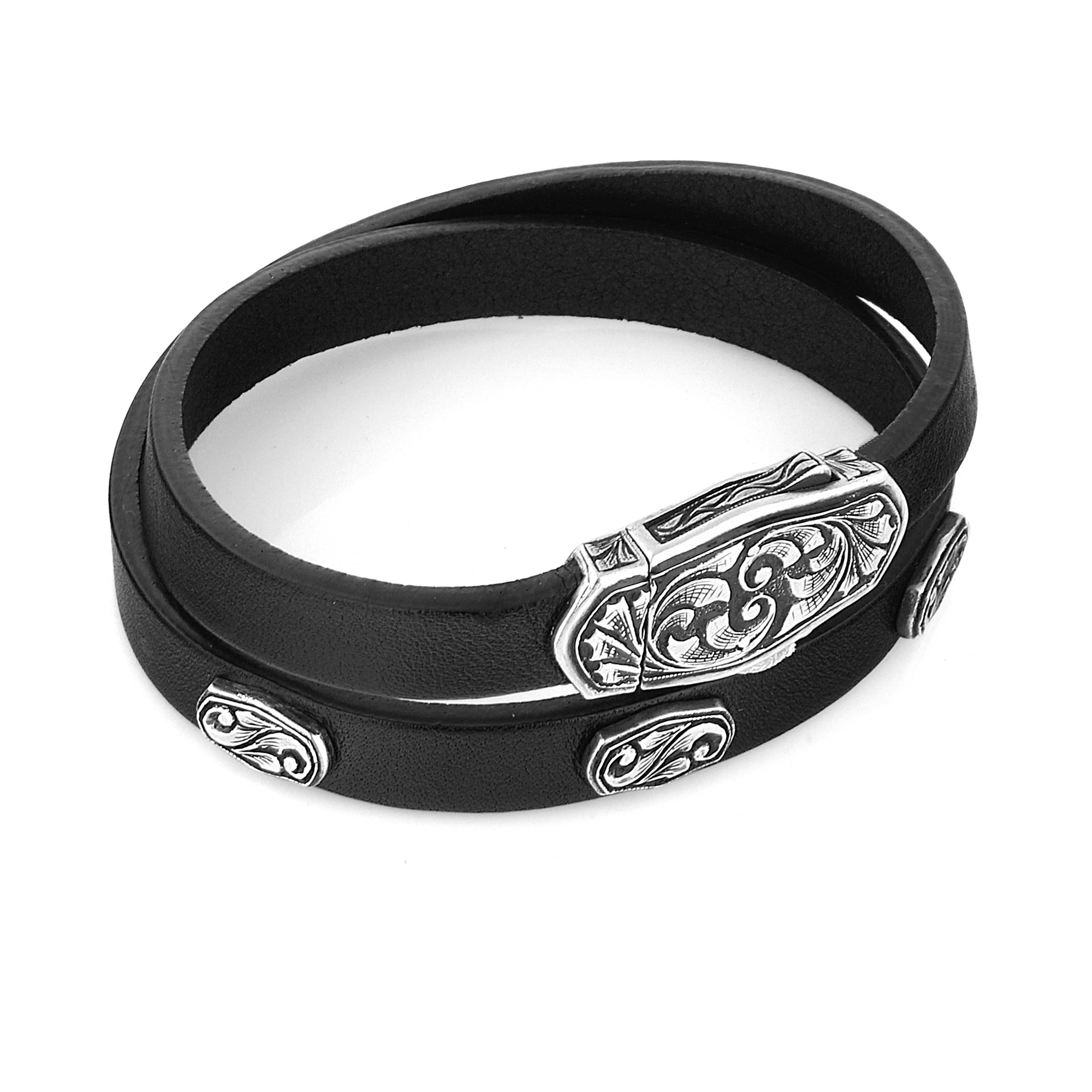 Arc Engraved Leather 3pcs Bracelet in Sterling Silver