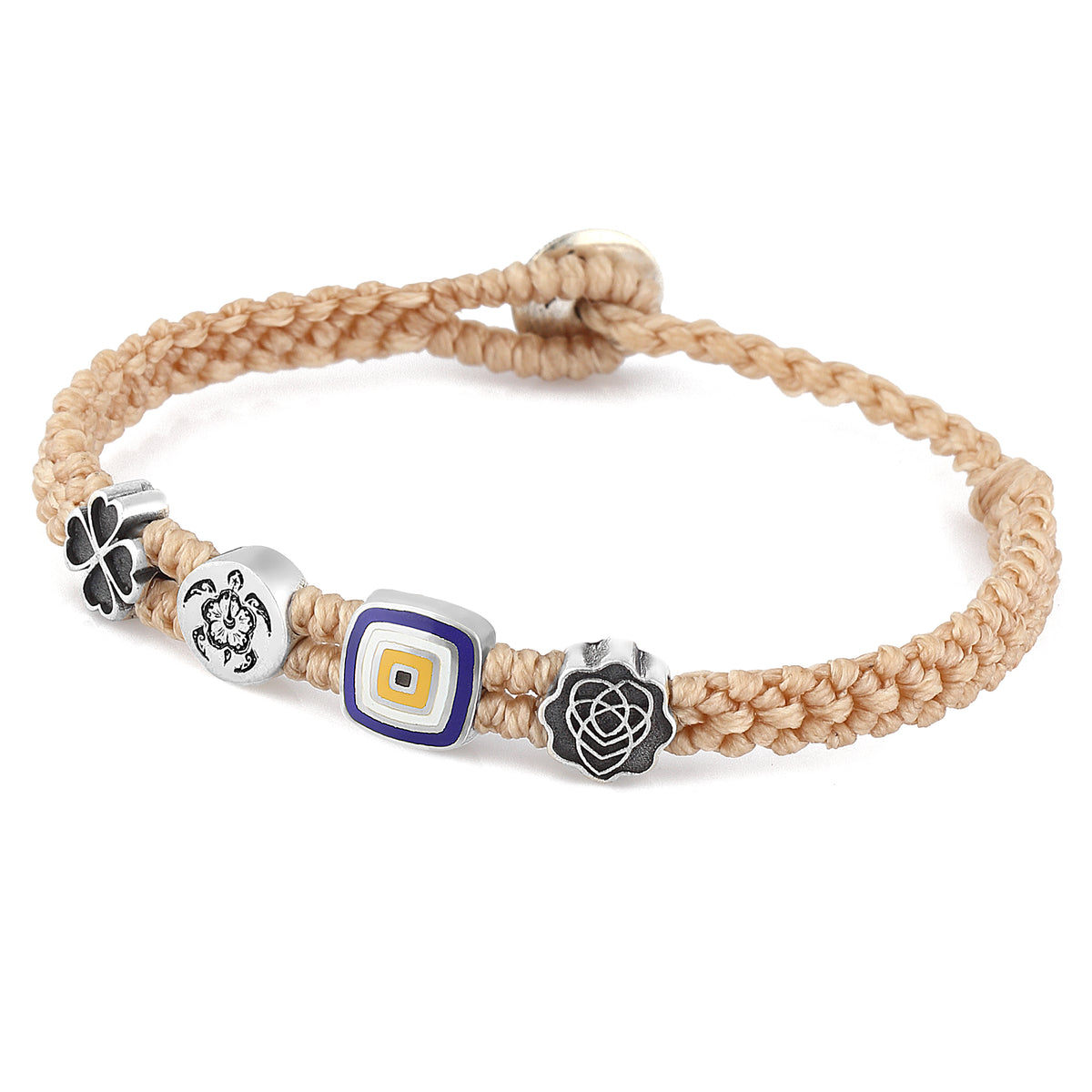Evil Eye / Symbols Macrame Vitreous Enamel & Waxed Rope Bracelet, Sterling Silver