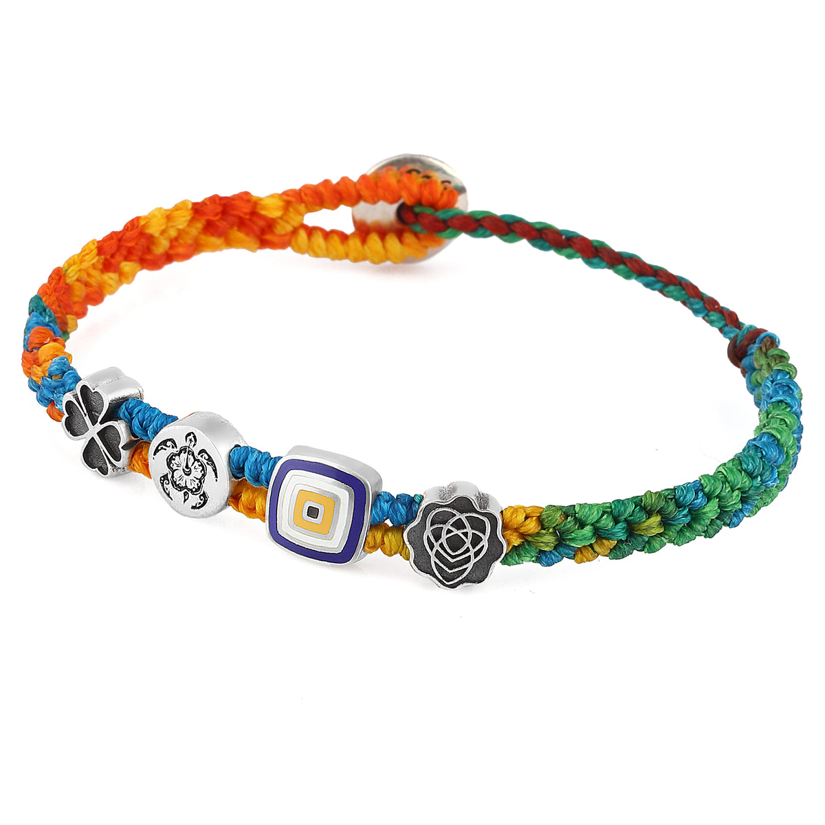 Evil Eye / Symbols Macrame Vitreous Enamel & Waxed Rope Bracelet, Sterling Silver