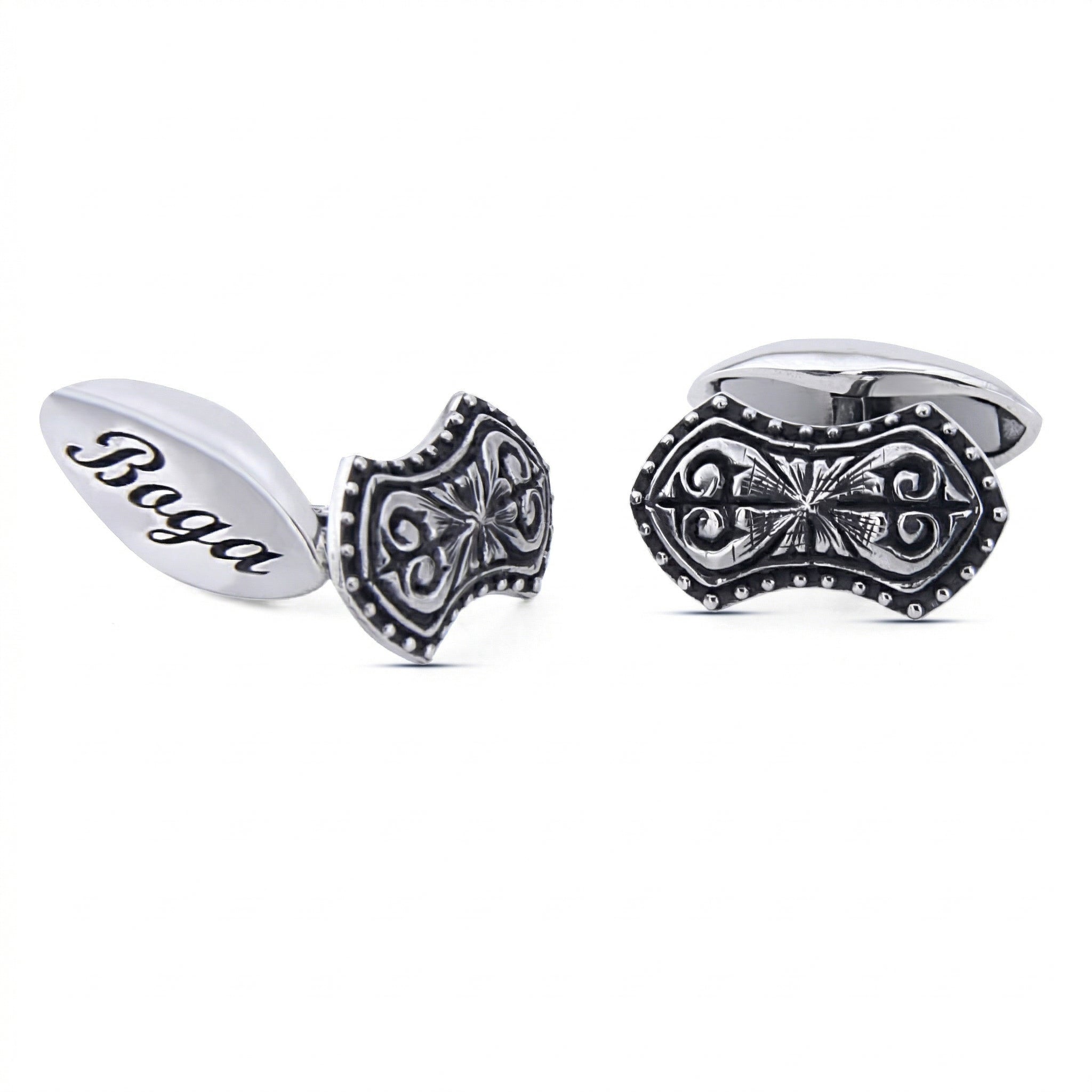 Chain Arc Shield Engraved Cufflinks in Sterling Silver