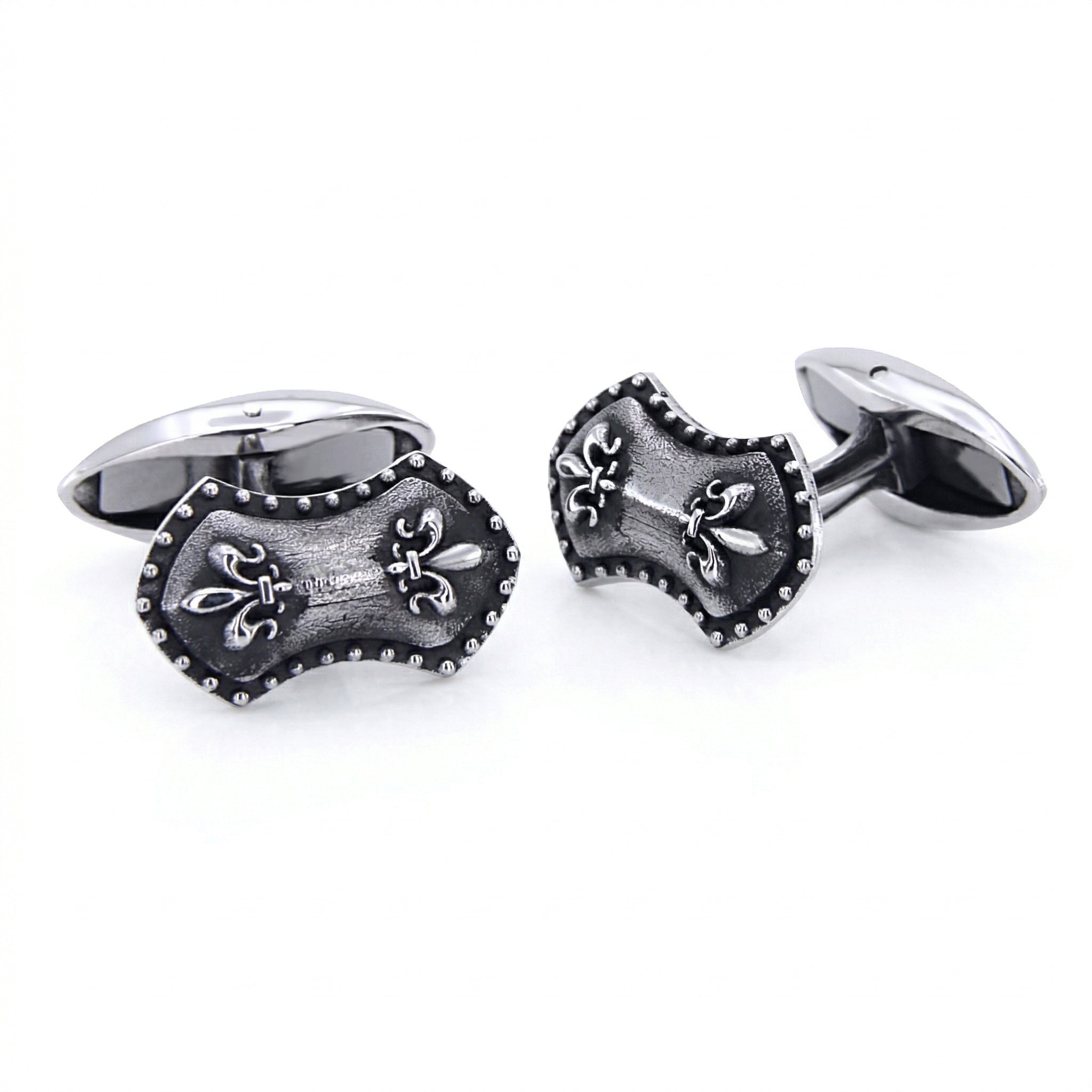 Chain Arc Shield Fleur de Lis Cufflinks in Sterling Silver