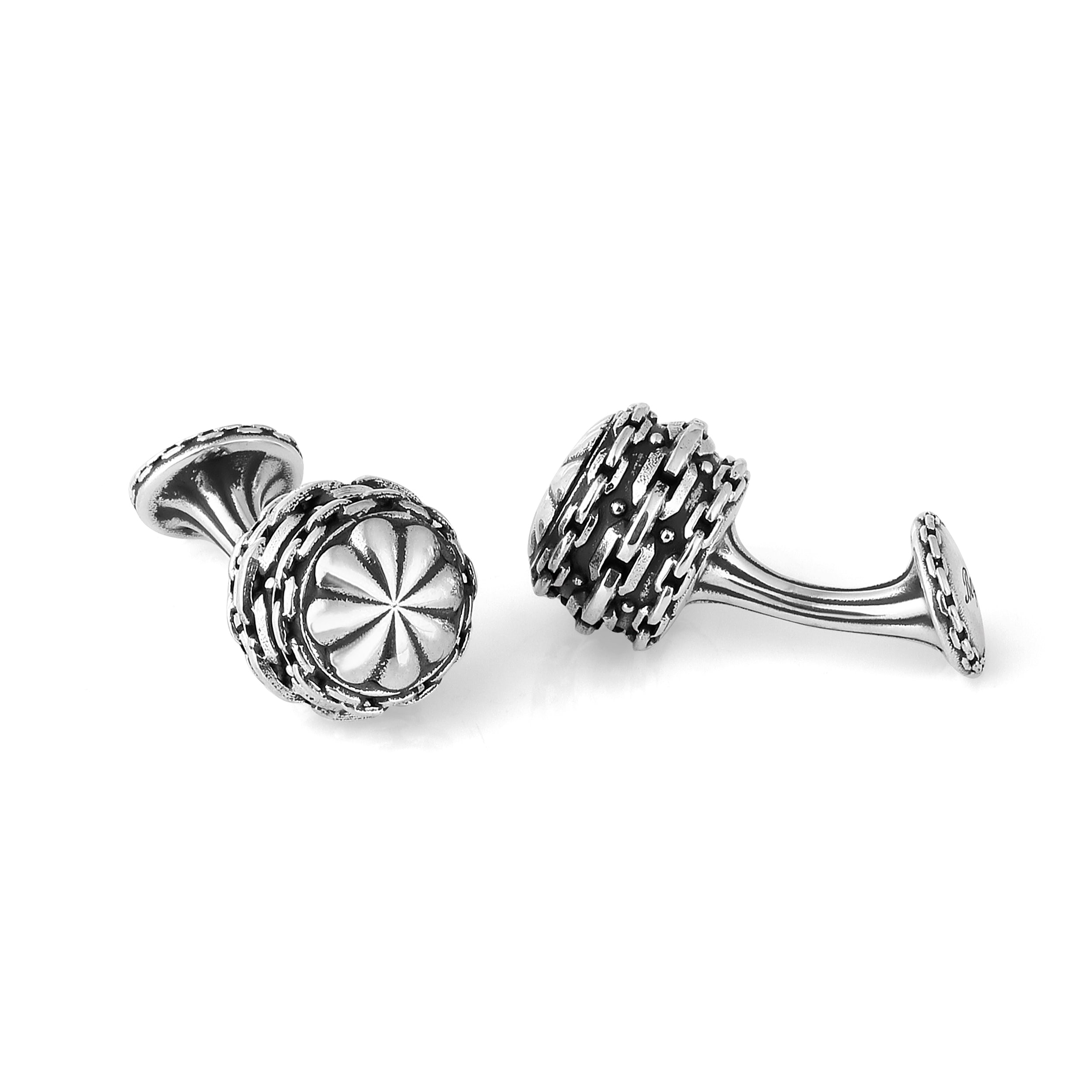 Chain Barrel Floral Cap Cufflinks in Sterling Silver