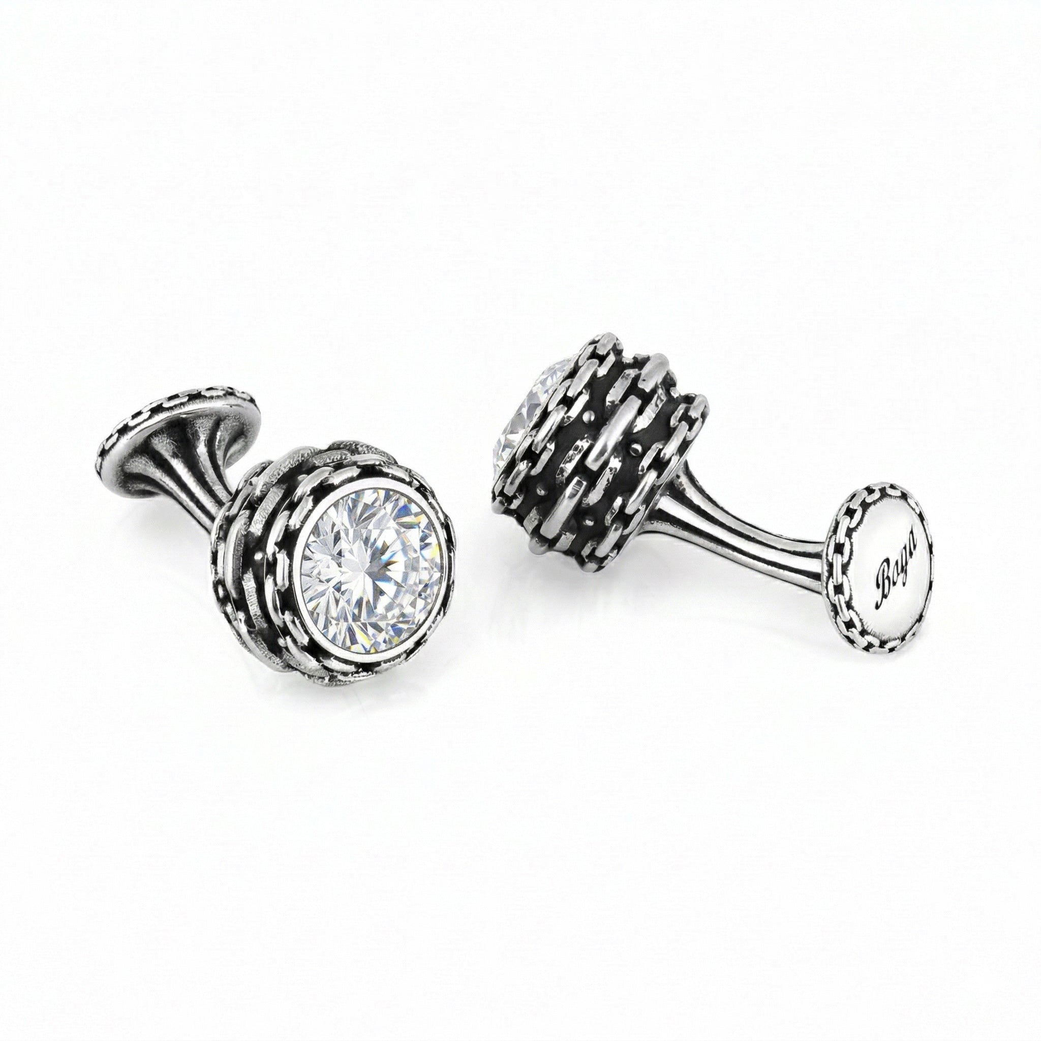 Chain Barrel Zircon Cufflinks in Sterling Silver