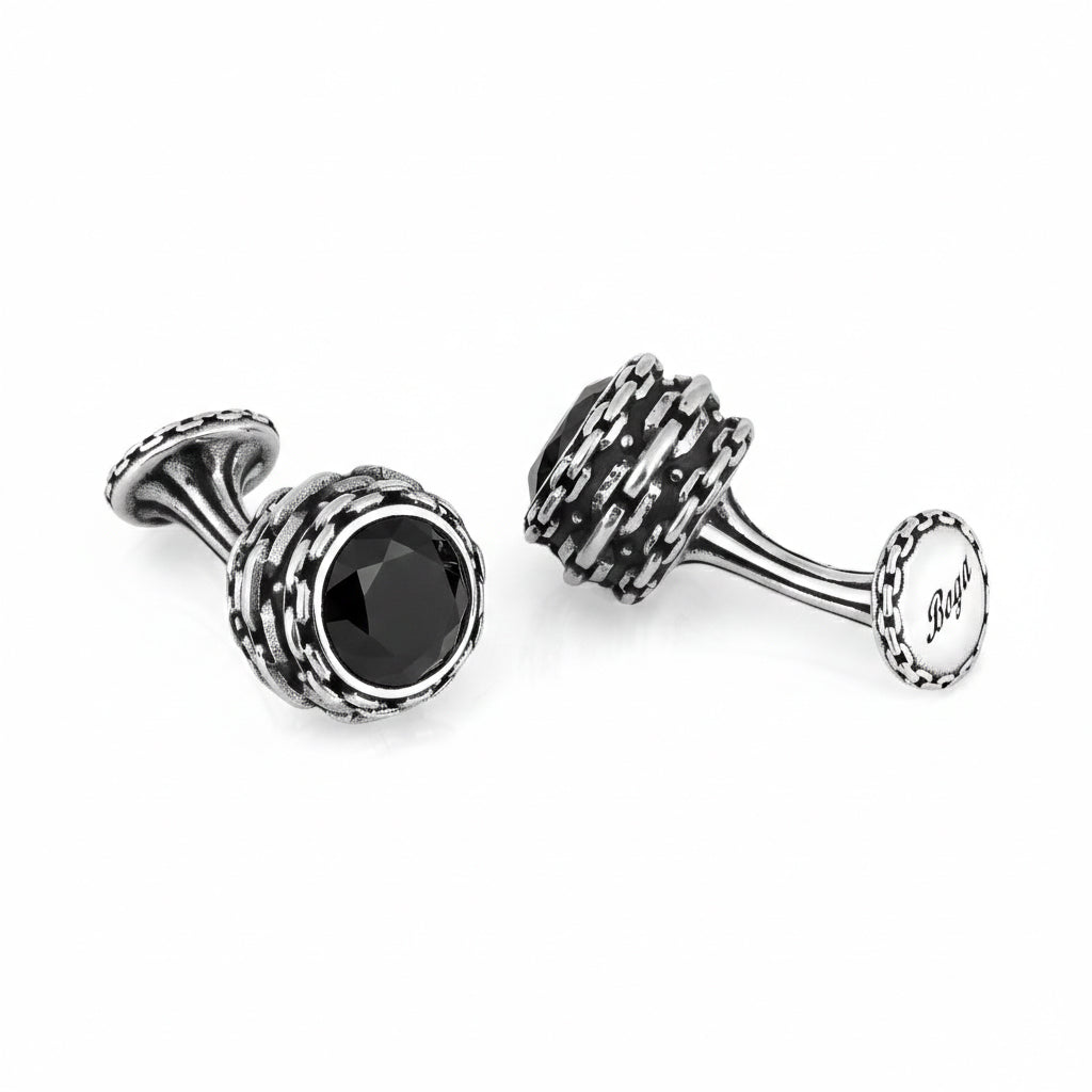 Chain Barrel Zircon Cufflinks in Sterling Silver