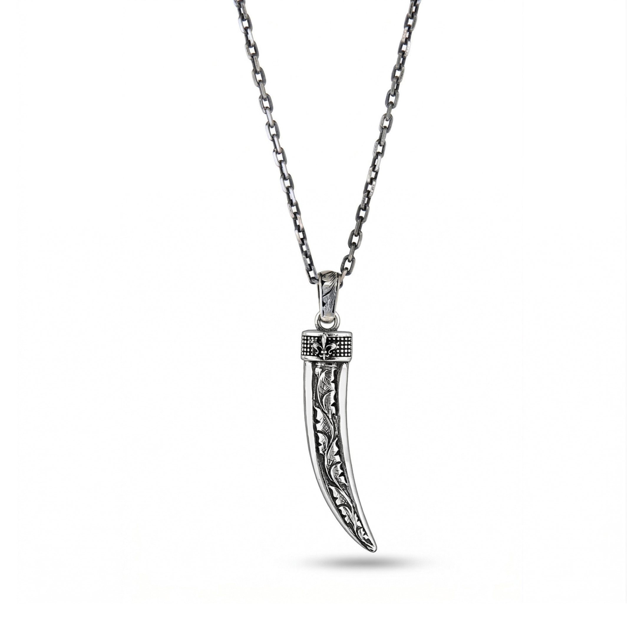 Claw Fleur de Lis Engraved Necklace in Sterling Silver