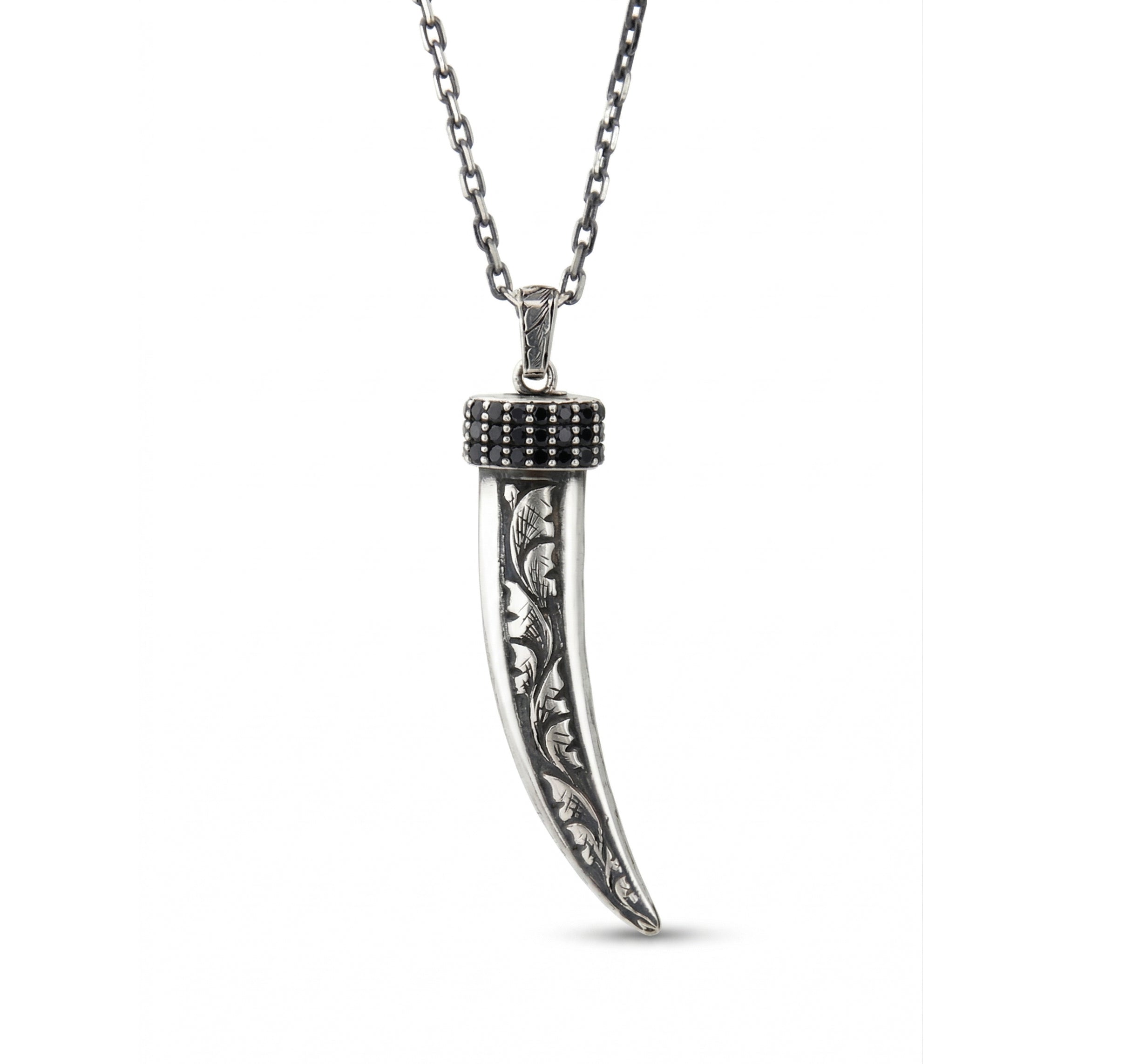 Claw Zircon Top Engraved Necklace in Sterling Silver