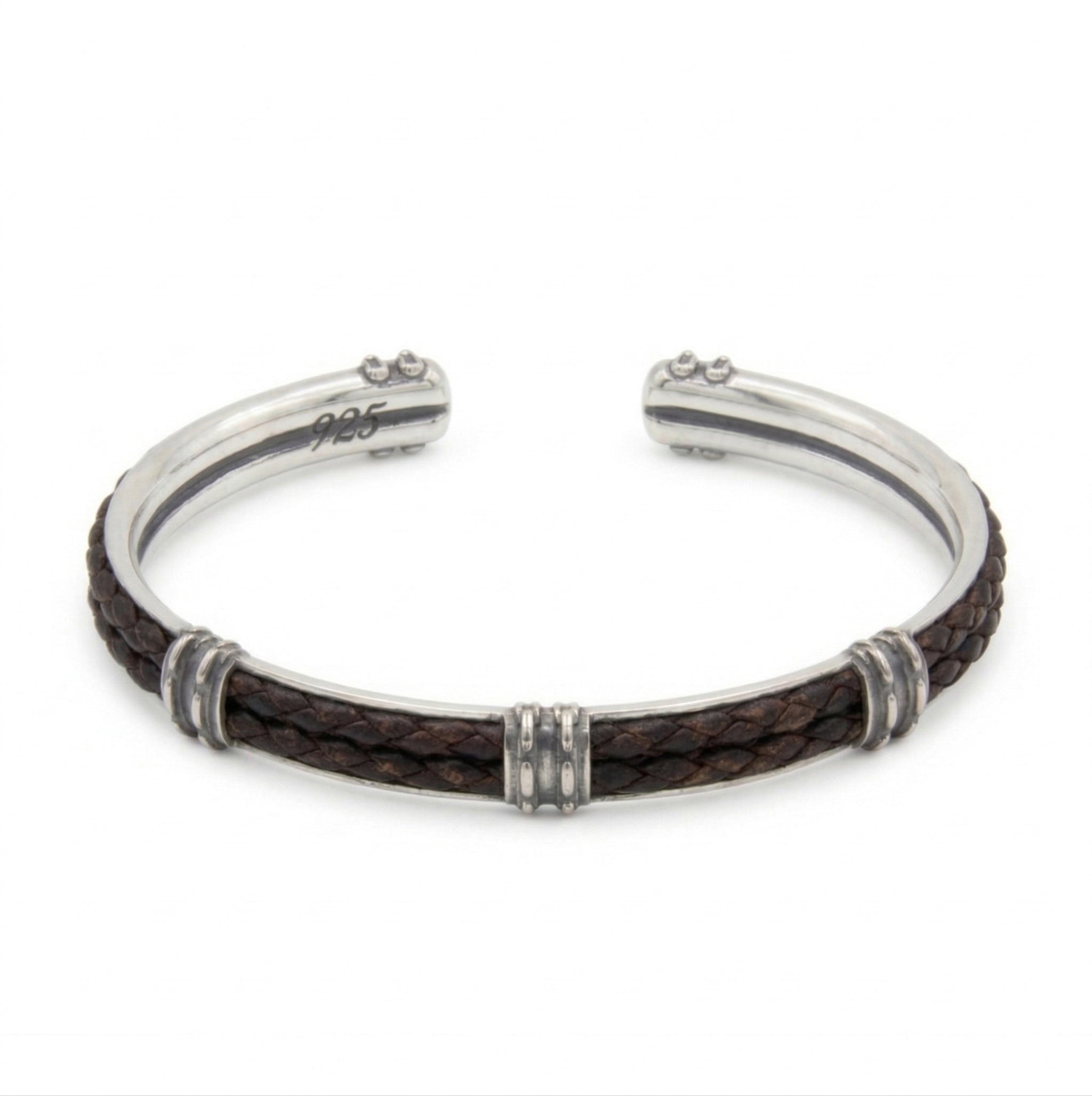 Cuff Double Leather Chn Thick Bracelet in Sterling Silver