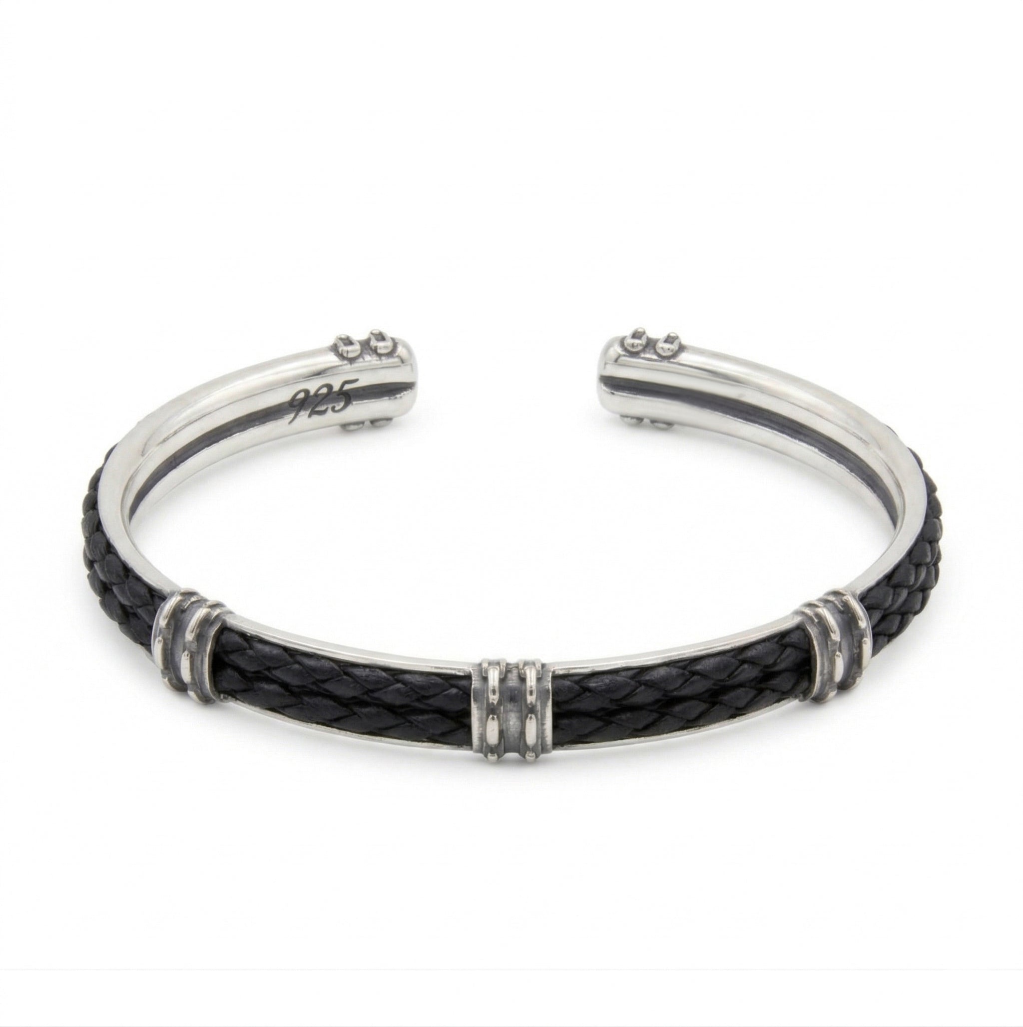 Cuff Double Leather Chn Thick Bracelet in Sterling Silver