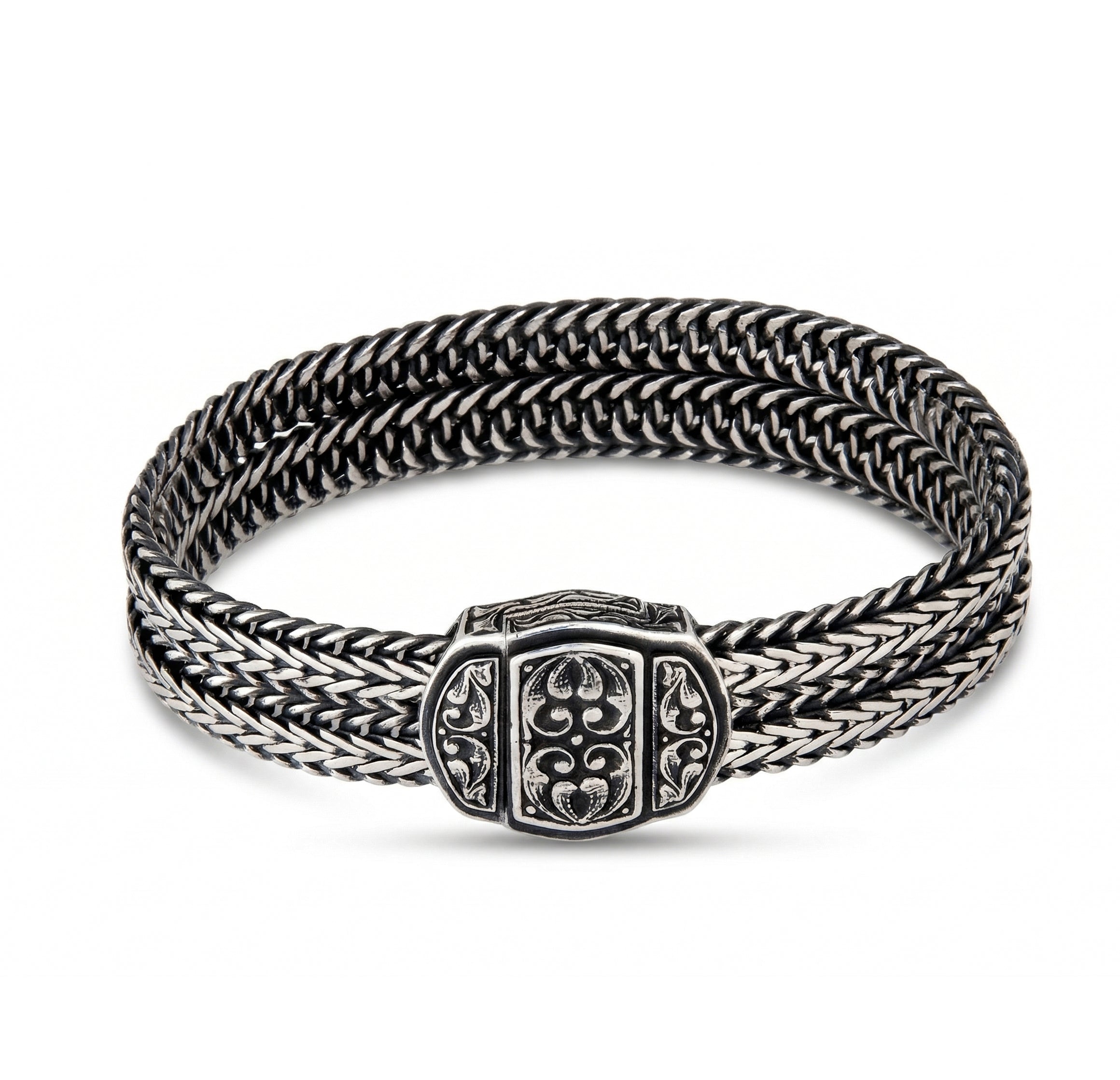 Curved Square Engraved Magnet Double Chain Bracelet in Sterling Silver