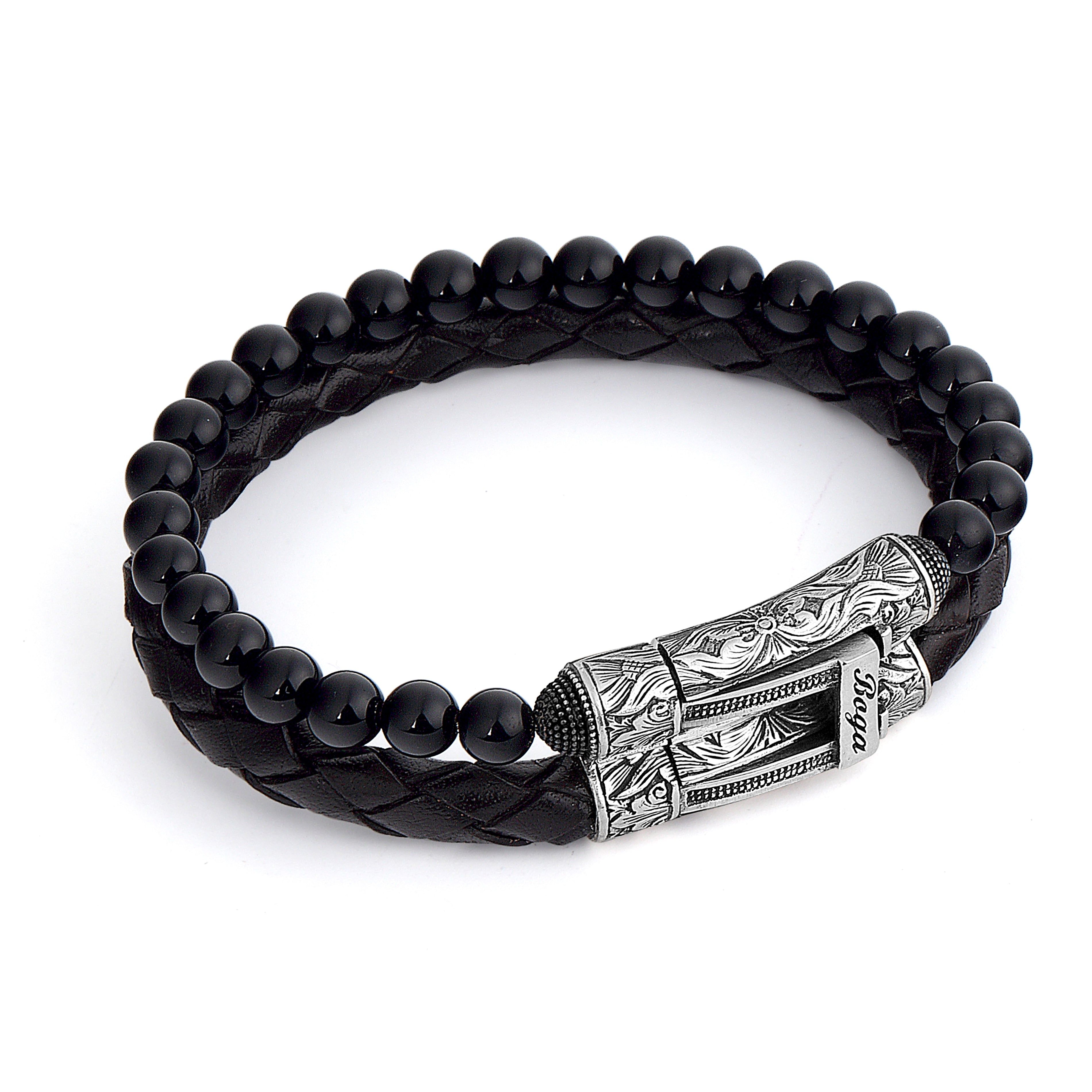 Double Lock Gem Stone-leather Bracelet in Sterling Silver