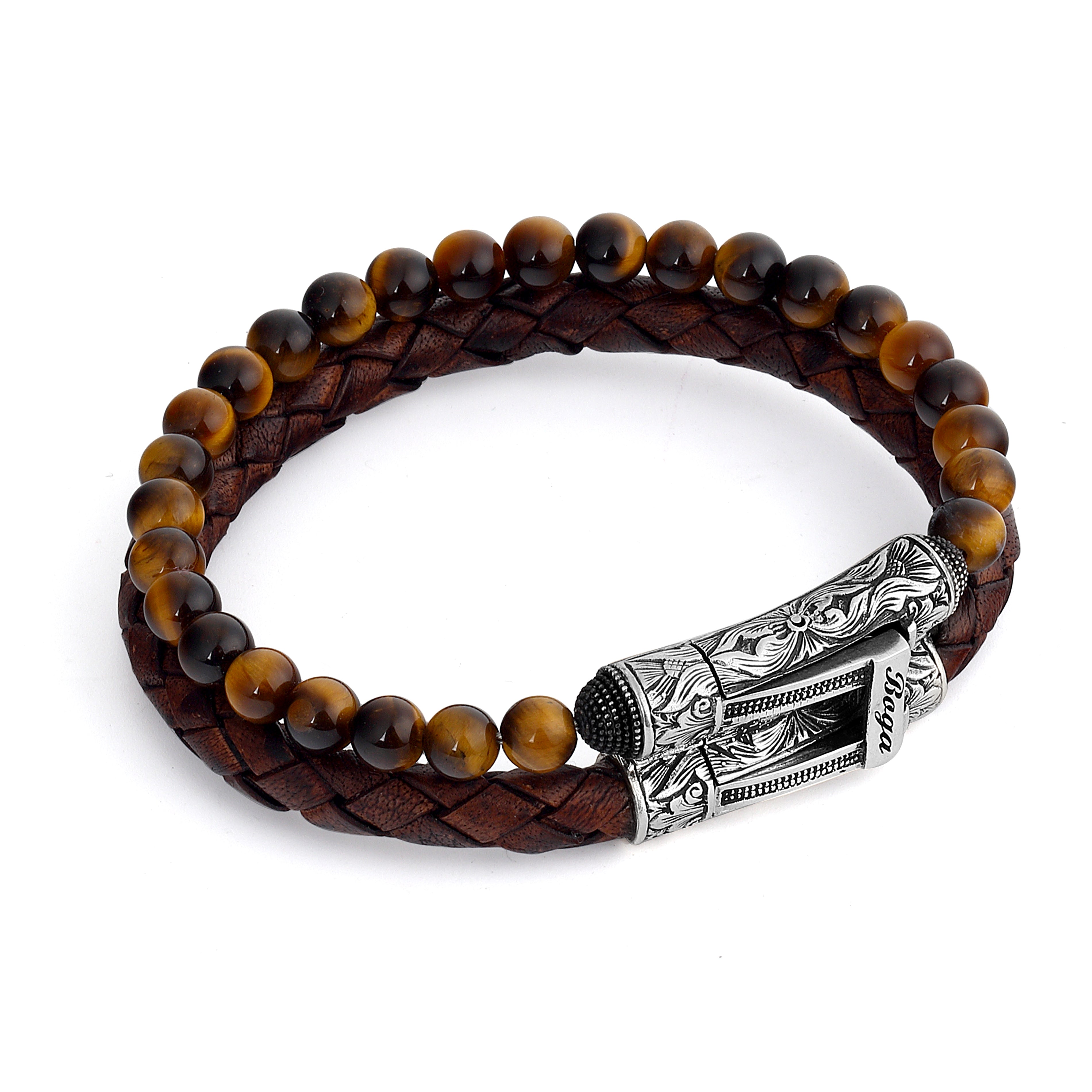 Double Lock Gem Stone-leather Bracelet in Sterling Silver
