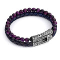 Double Lock Gem Stone-leather Bracelet in Sterling Silver