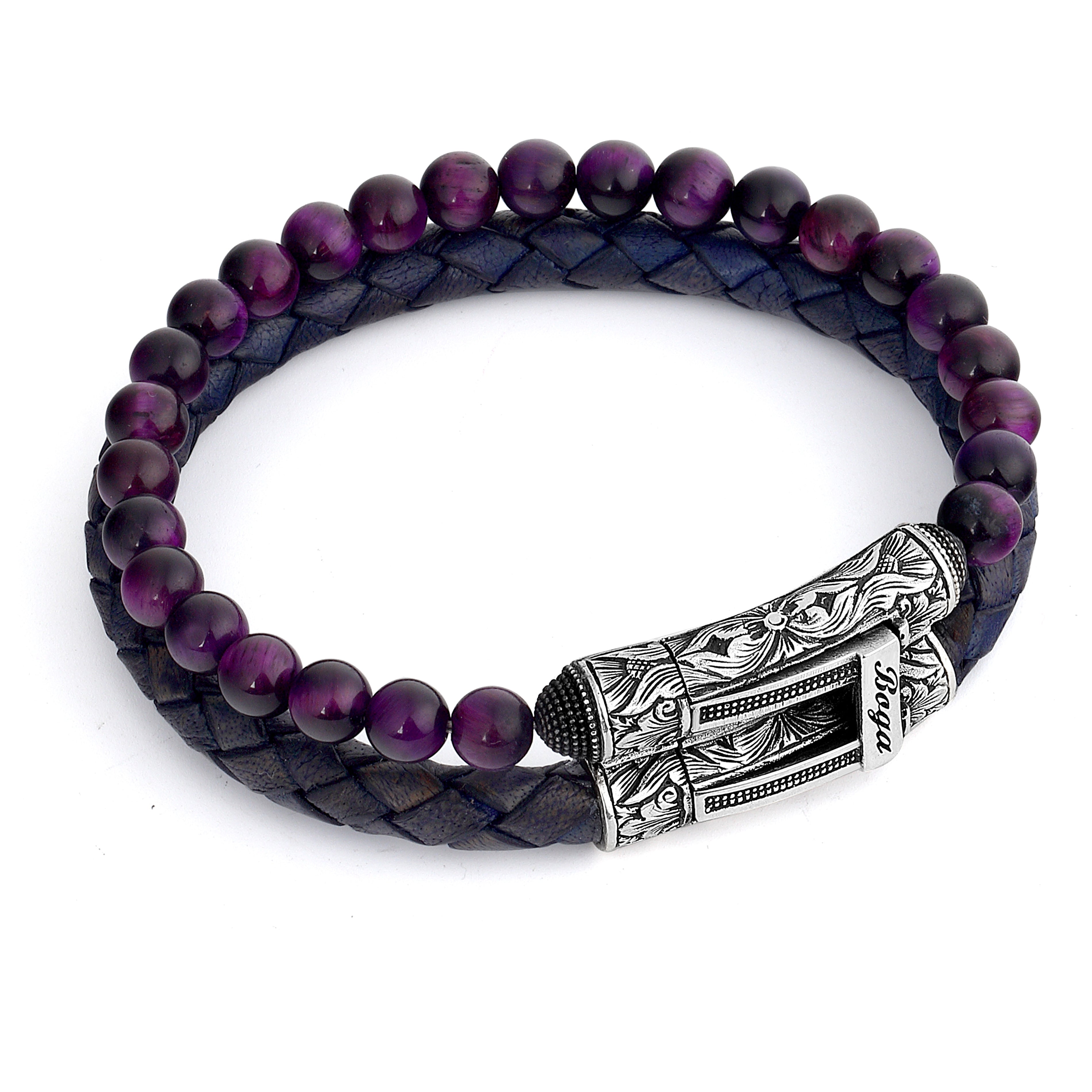 Double Lock Gem Stone-leather Bracelet in Sterling Silver