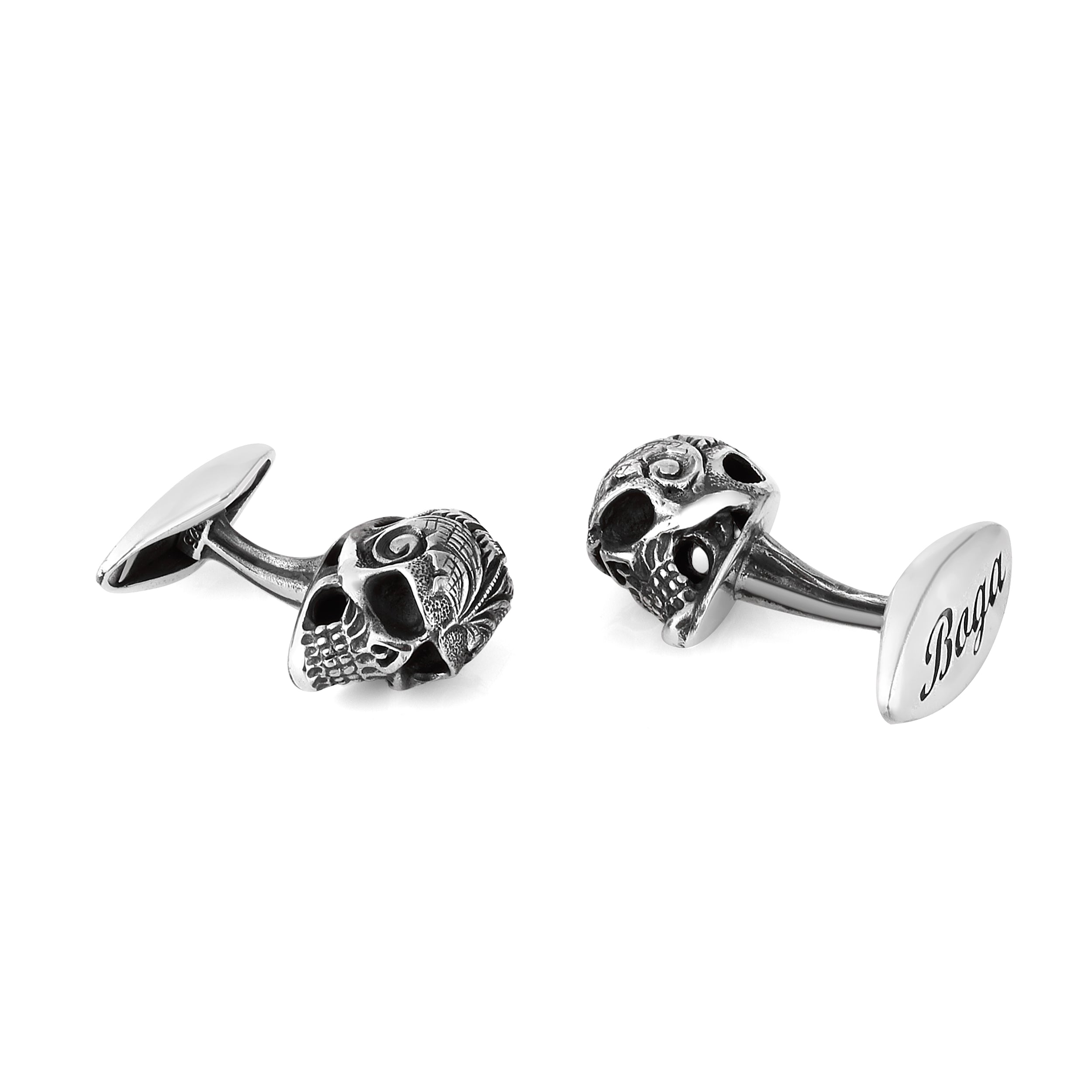 Engraved 3D Skull Cufflinks in Sterling Silver