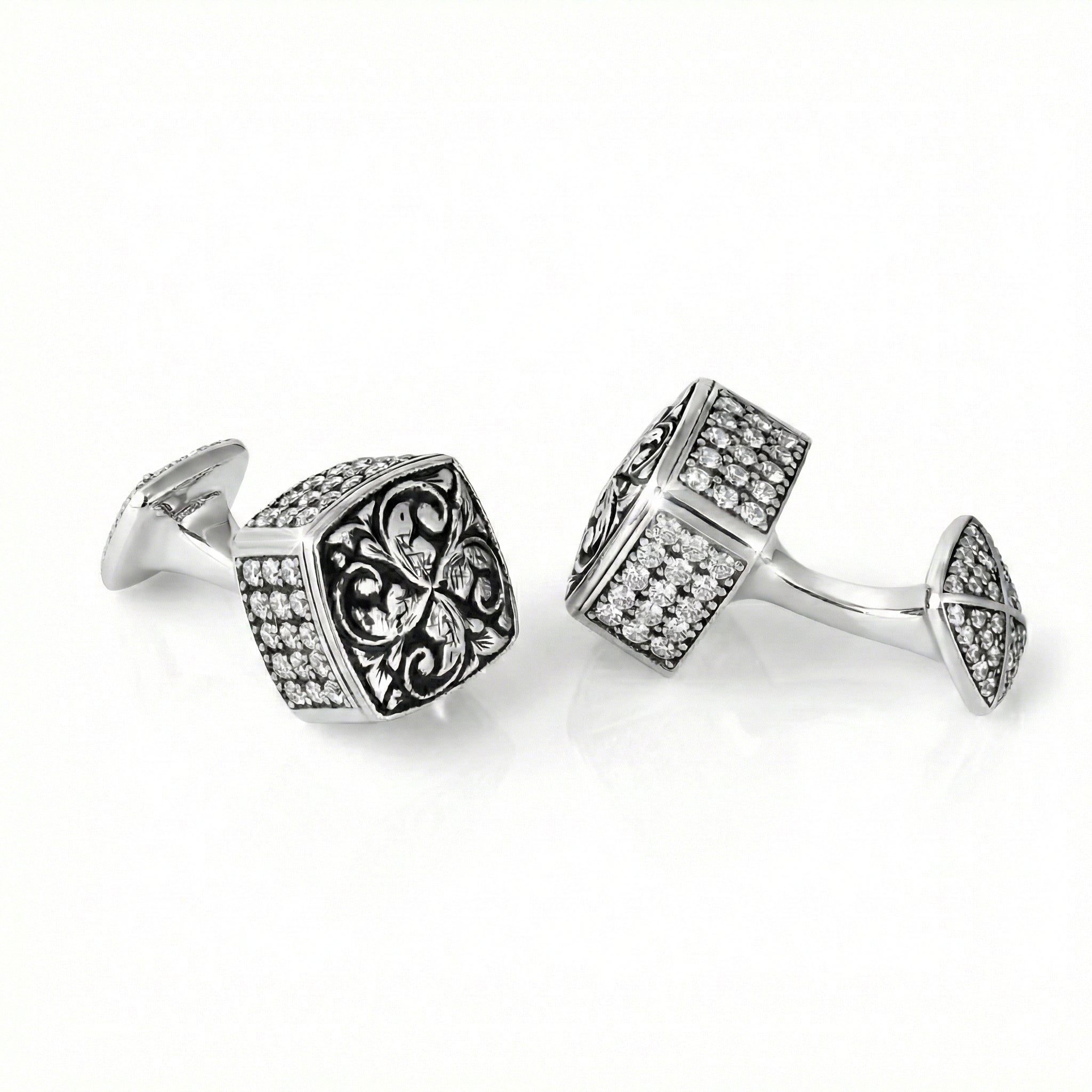 Engraved Cap Dia Zircon Cufflinks in Sterling Silver