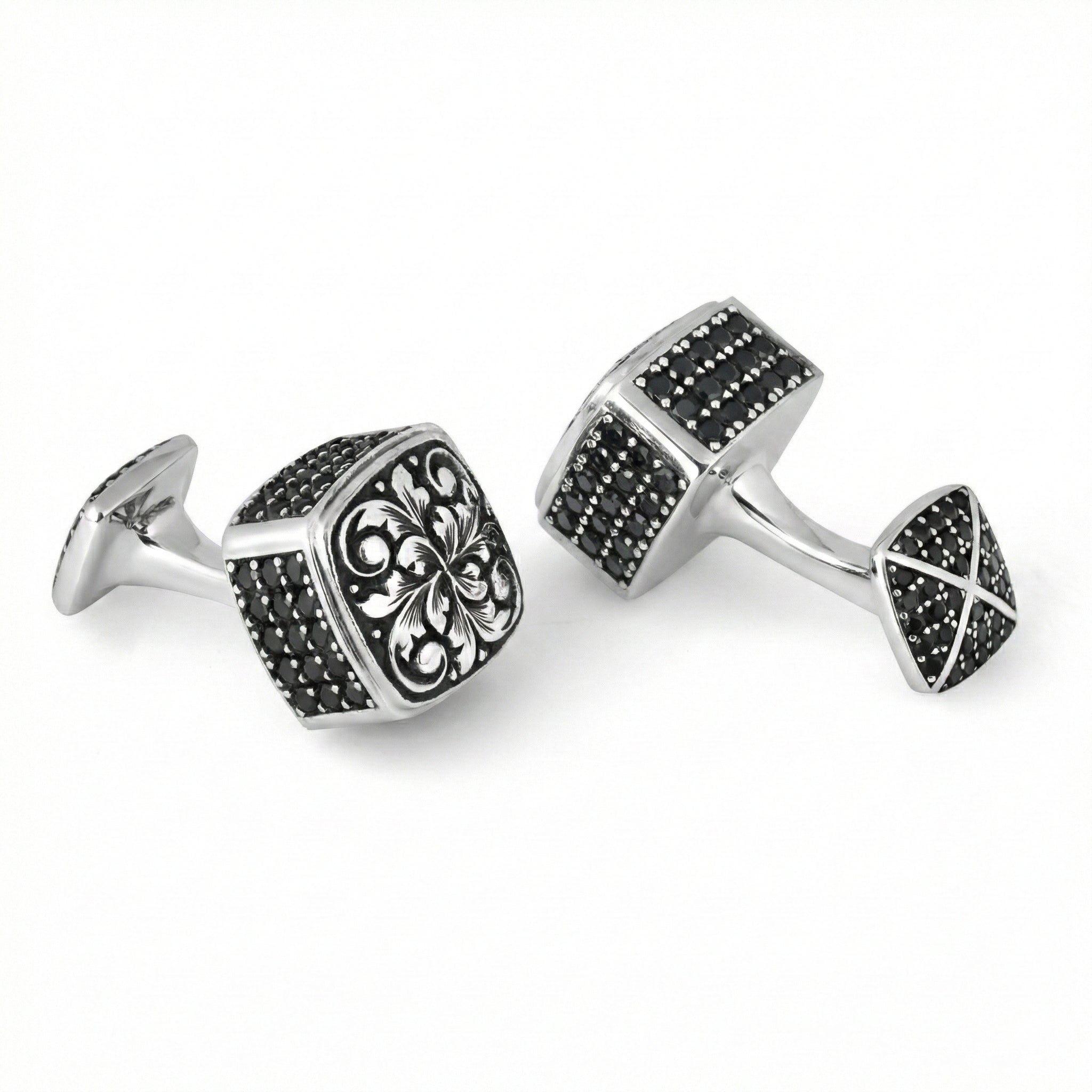 Engraved Cap Dia Zircon Cufflinks in Sterling Silver
