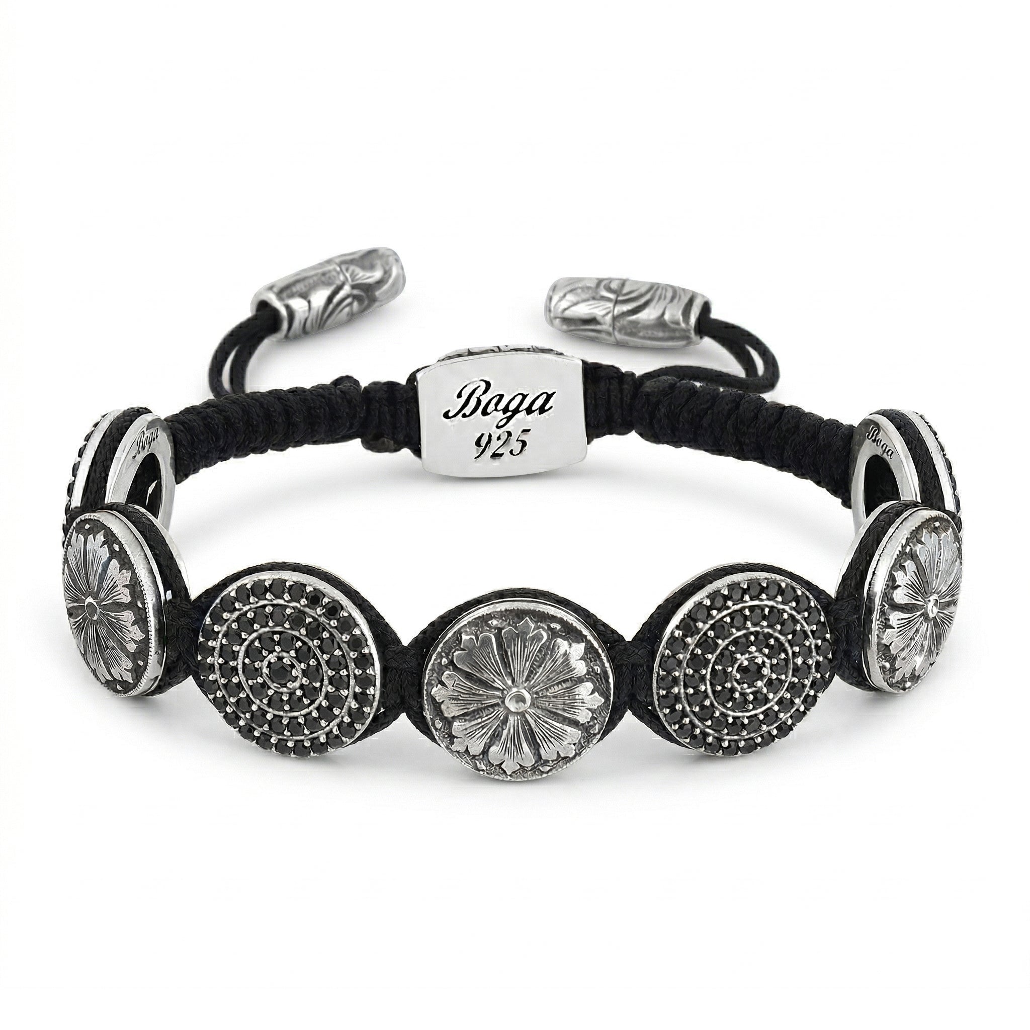 Engraved Circular Zircon Snake Macrame Bracelet in Sterling Silver