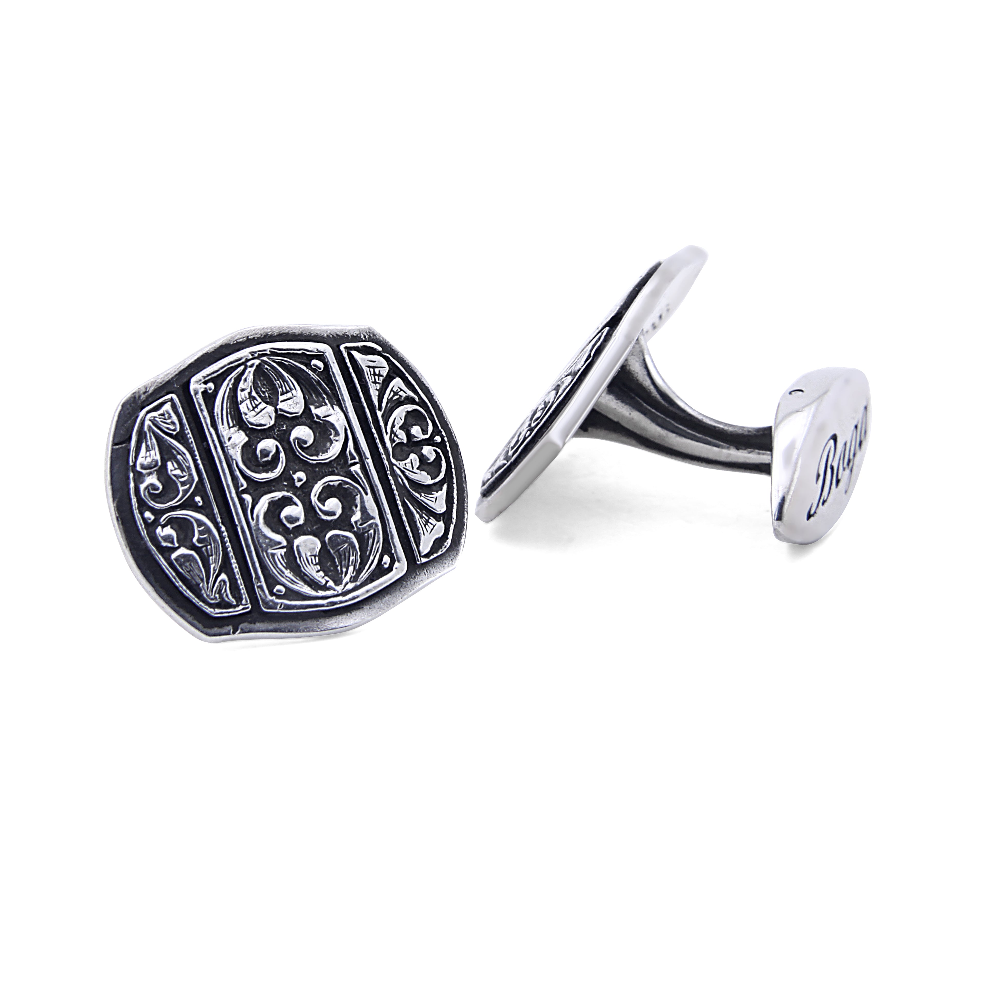 Engraved Curved Square Cufflinks in Sterling Silver