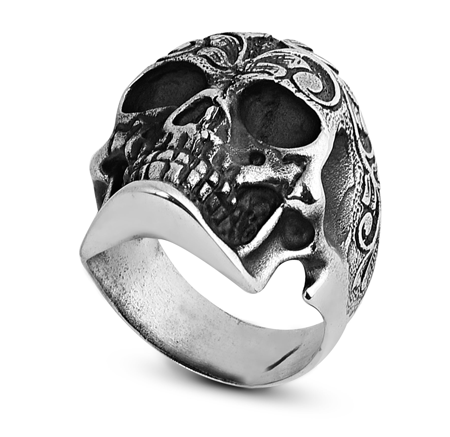 Engraved King Skull Ring in Sterling Silver