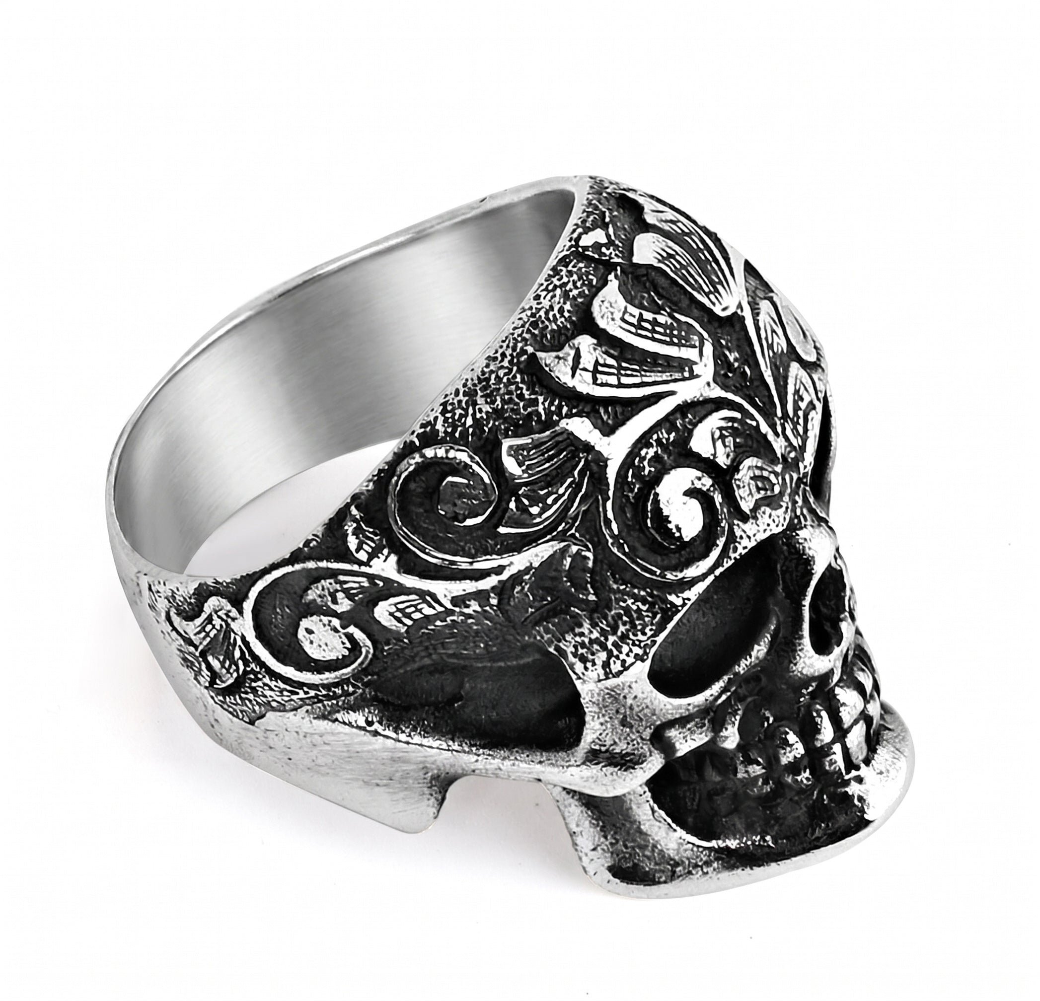 Engraved King Skull Ring in Sterling Silver