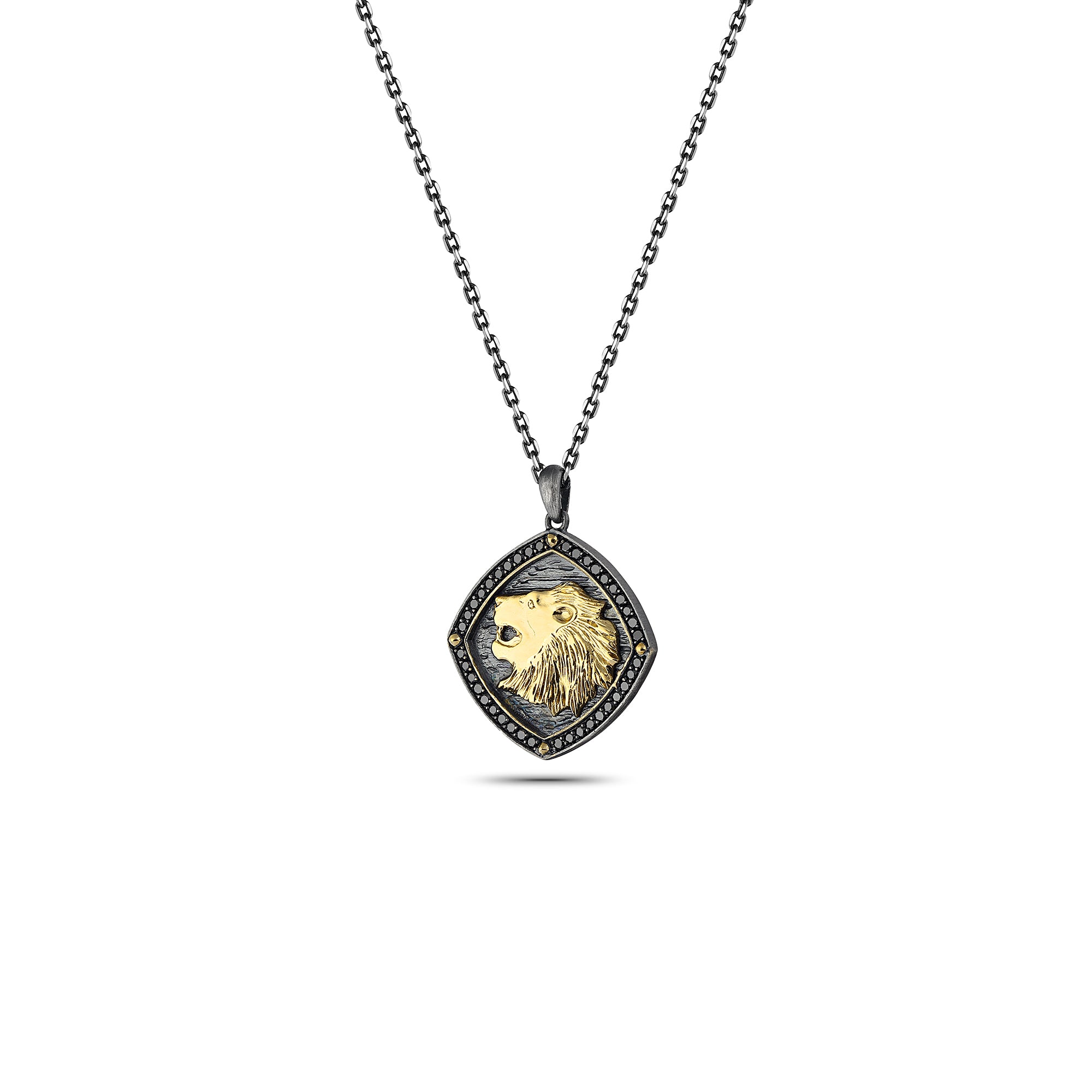 Engraved Lion Curved Square 14K Sterling Silver in Sterling Silver & 14K Gold
