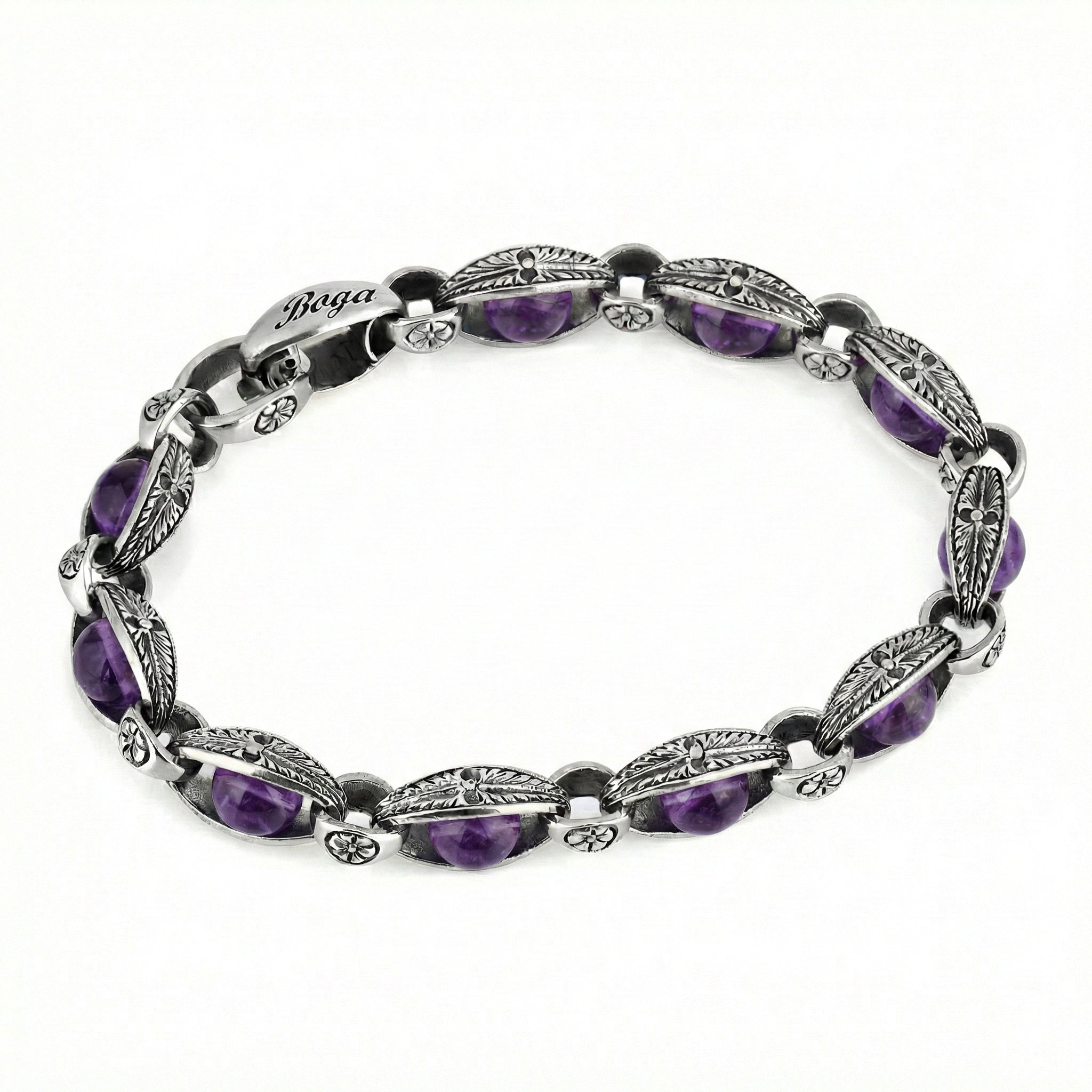 Engraved Loop Gemstone Chain Bracelet in Sterling Silver