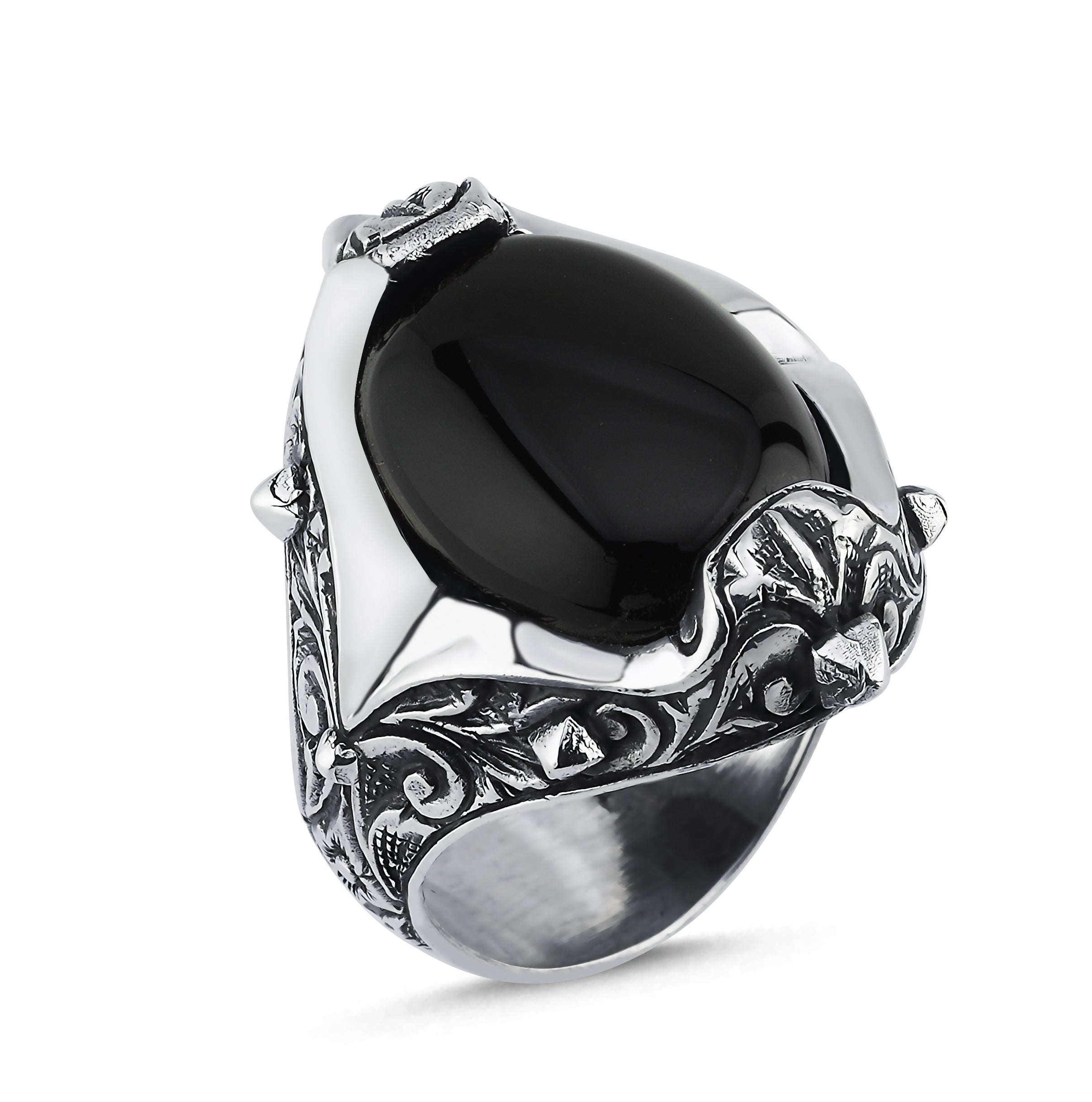 Engraved Oval Stud Gemstone Ring in Sterling Silver