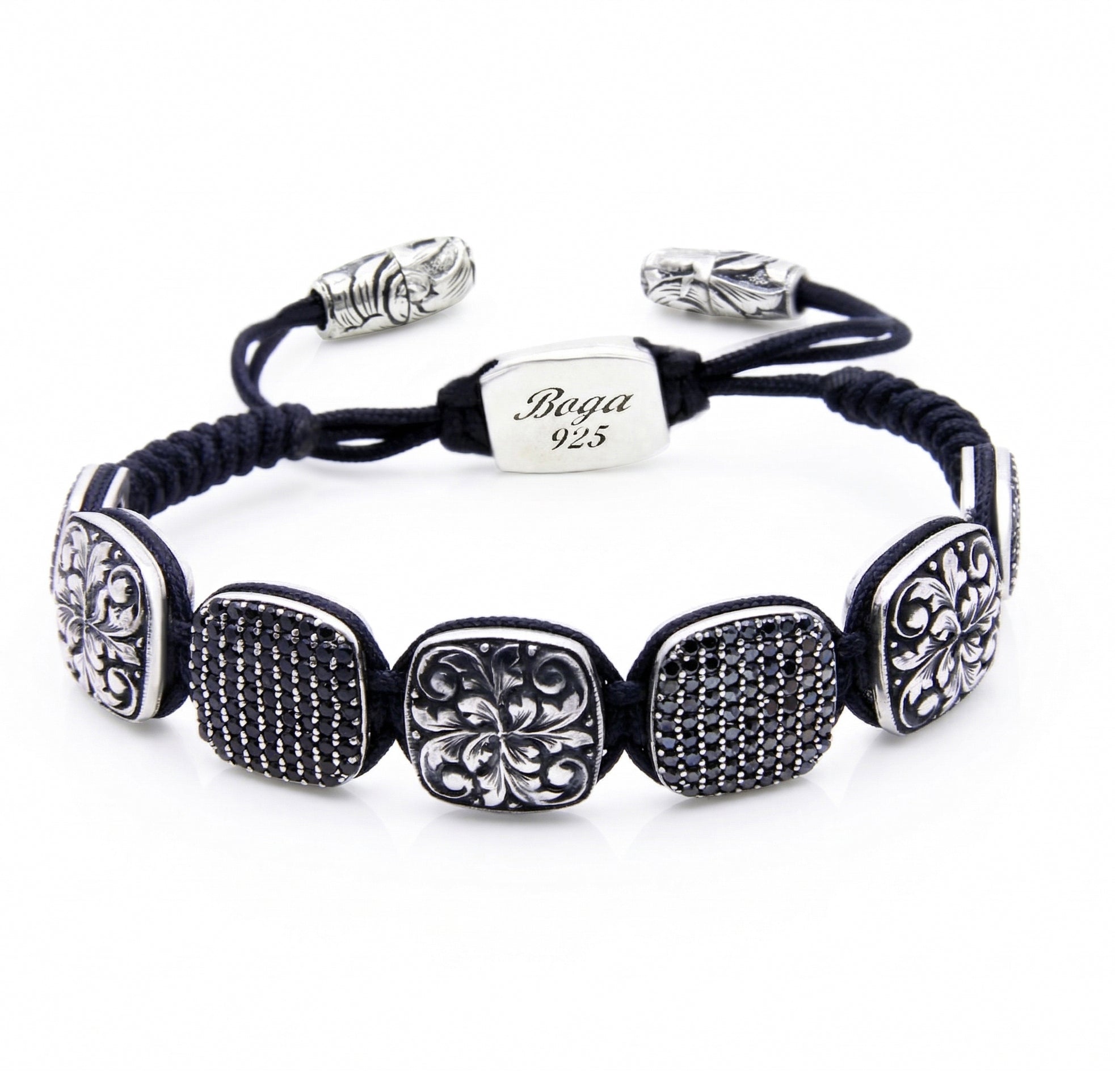 Engraved Rds Zircon Snake Macrame Bracelet in Sterling Silver