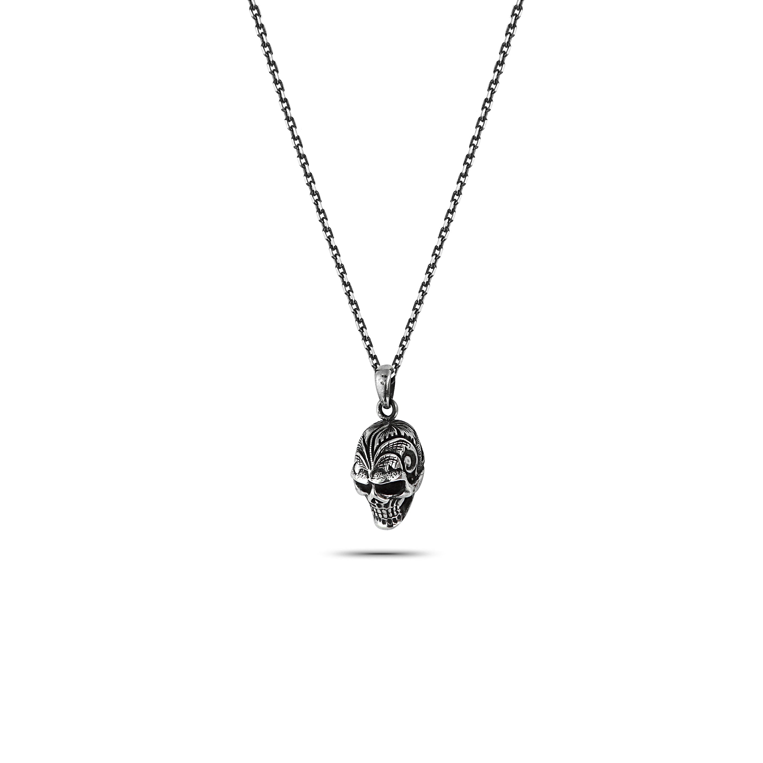 Engraved Skull Necklace in Sterling Silver