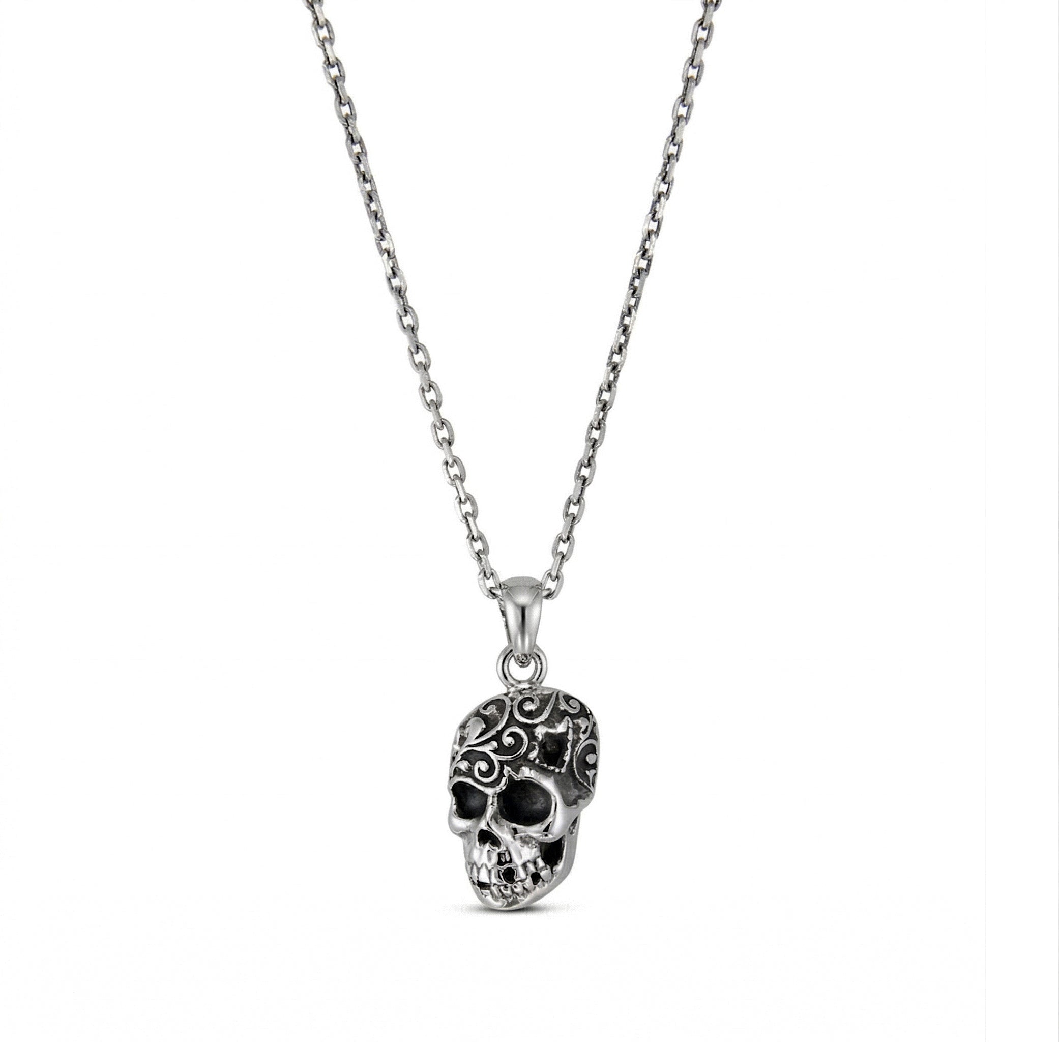 Engraved Skull Necklace in Sterling Silver