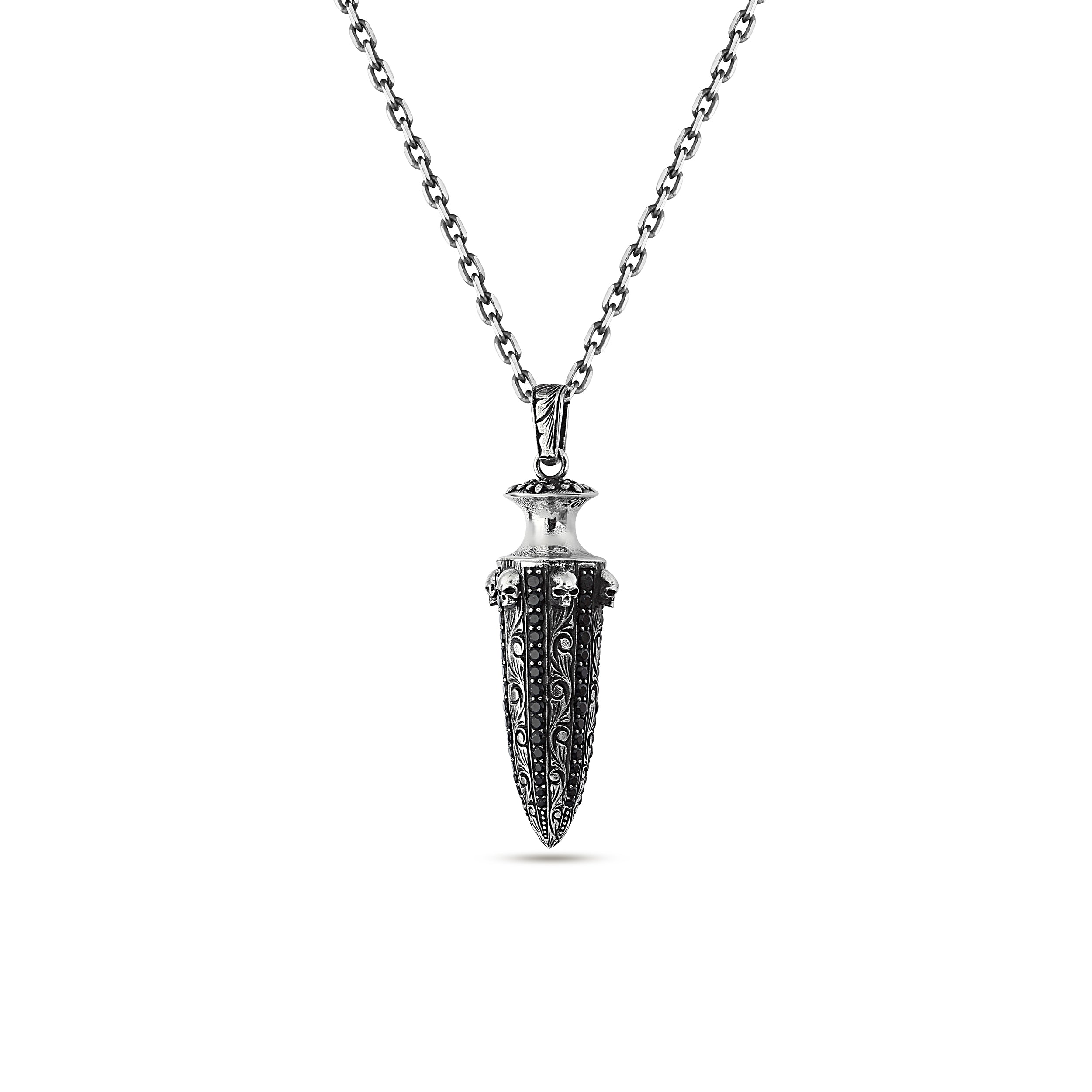 Engraved Skull Bullet Zircon Necklace in Sterling Silver