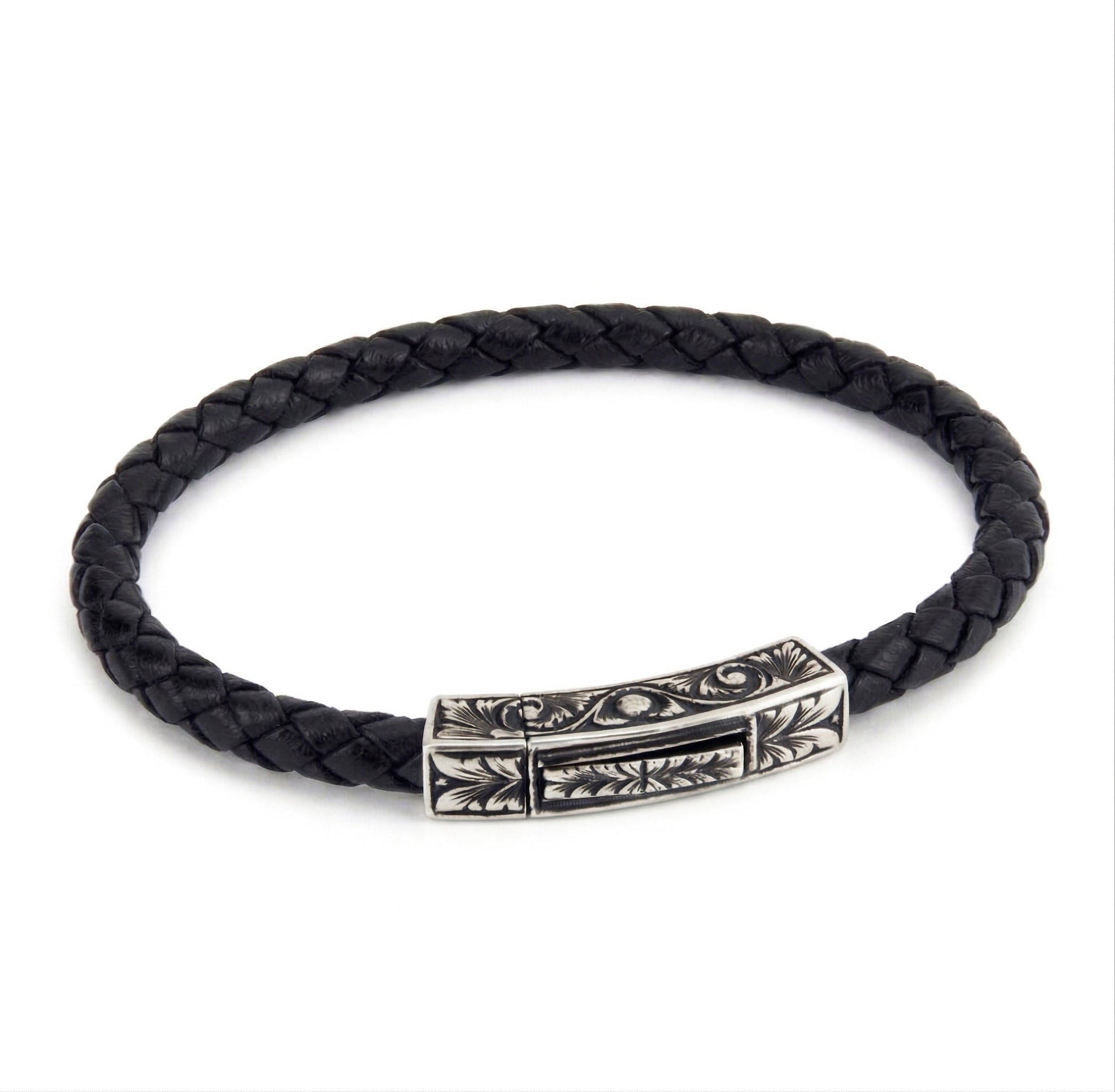 Engraved Square Leather Bracelet in Sterling Silver