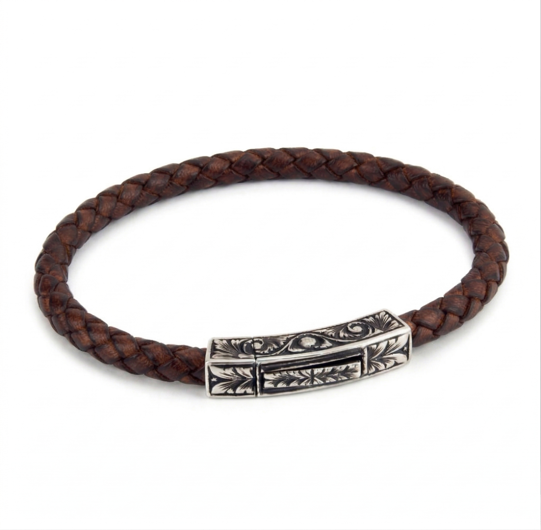 Engraved Square Leather Bracelet in Sterling Silver