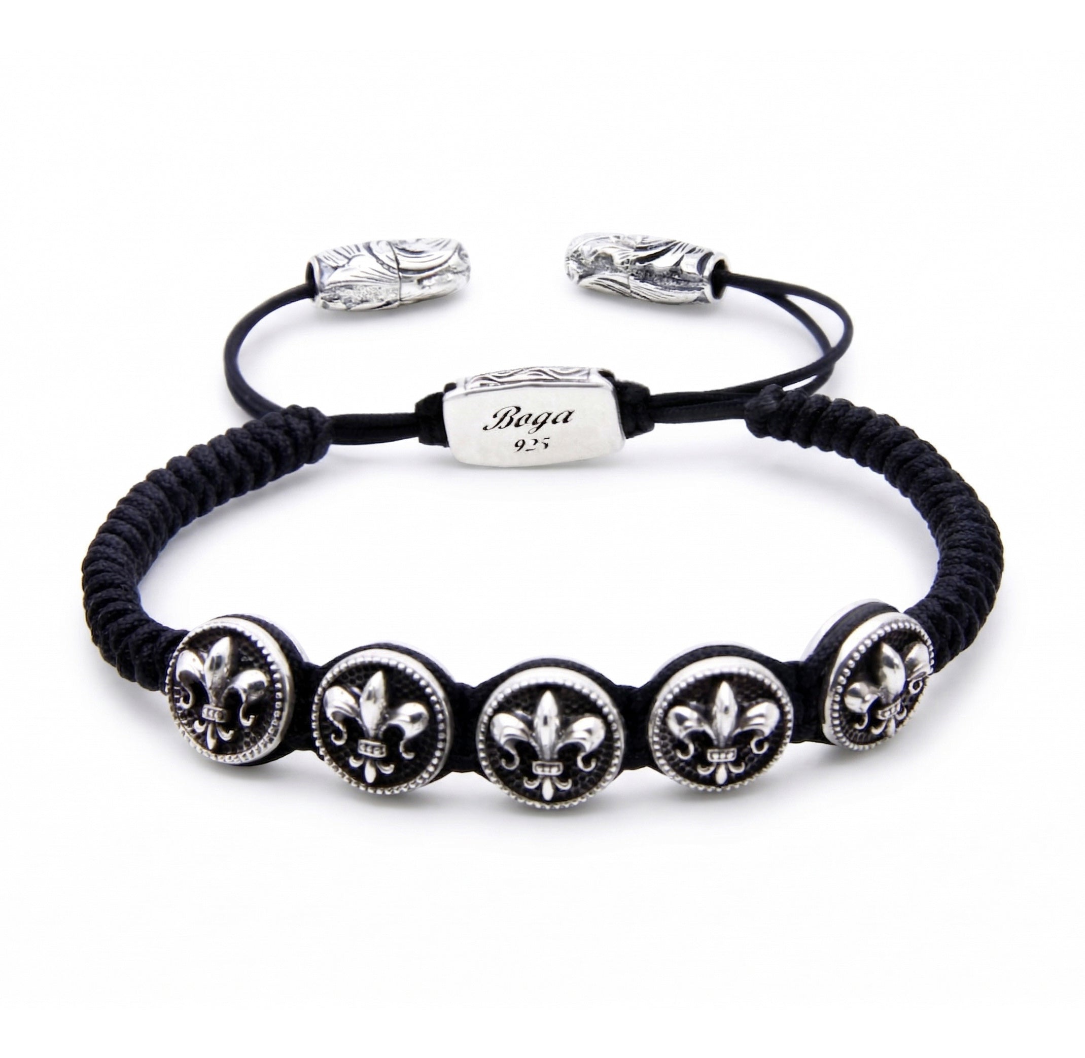 Fleur de Lis Circular Snake Macrame Bracelet in Sterling Silver