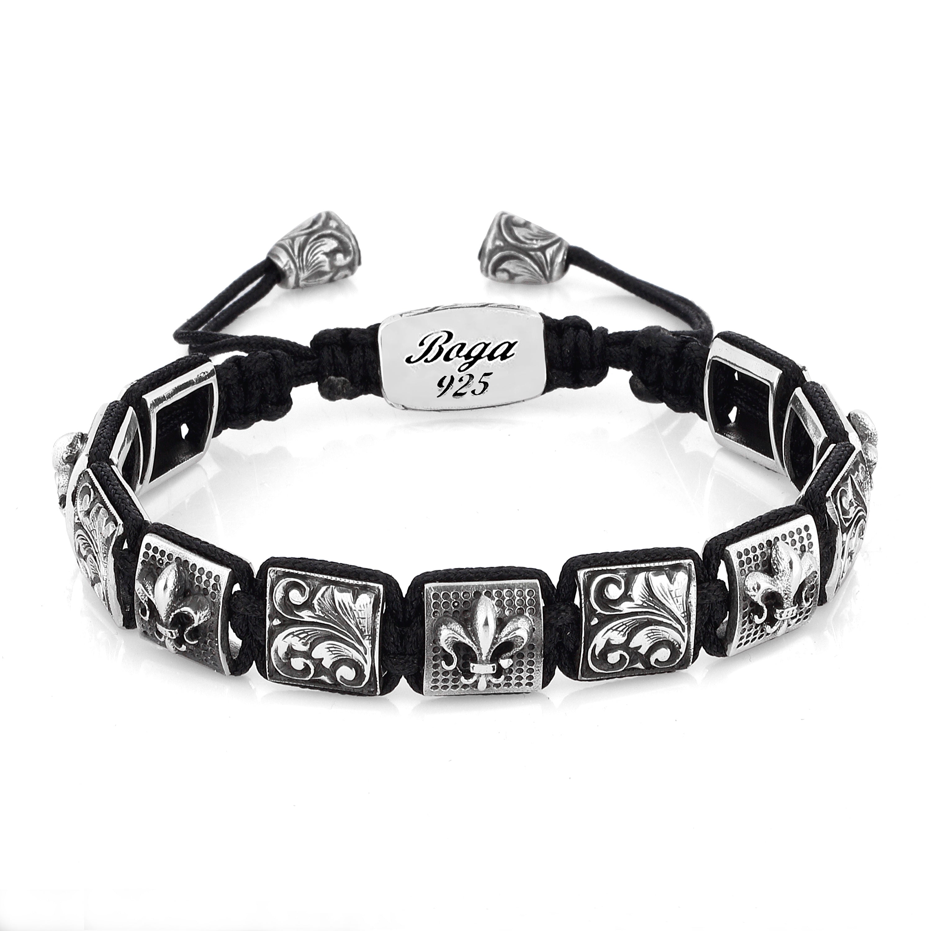 Fleur de Lis Engraved Macrame Bracelet in Sterling Silver