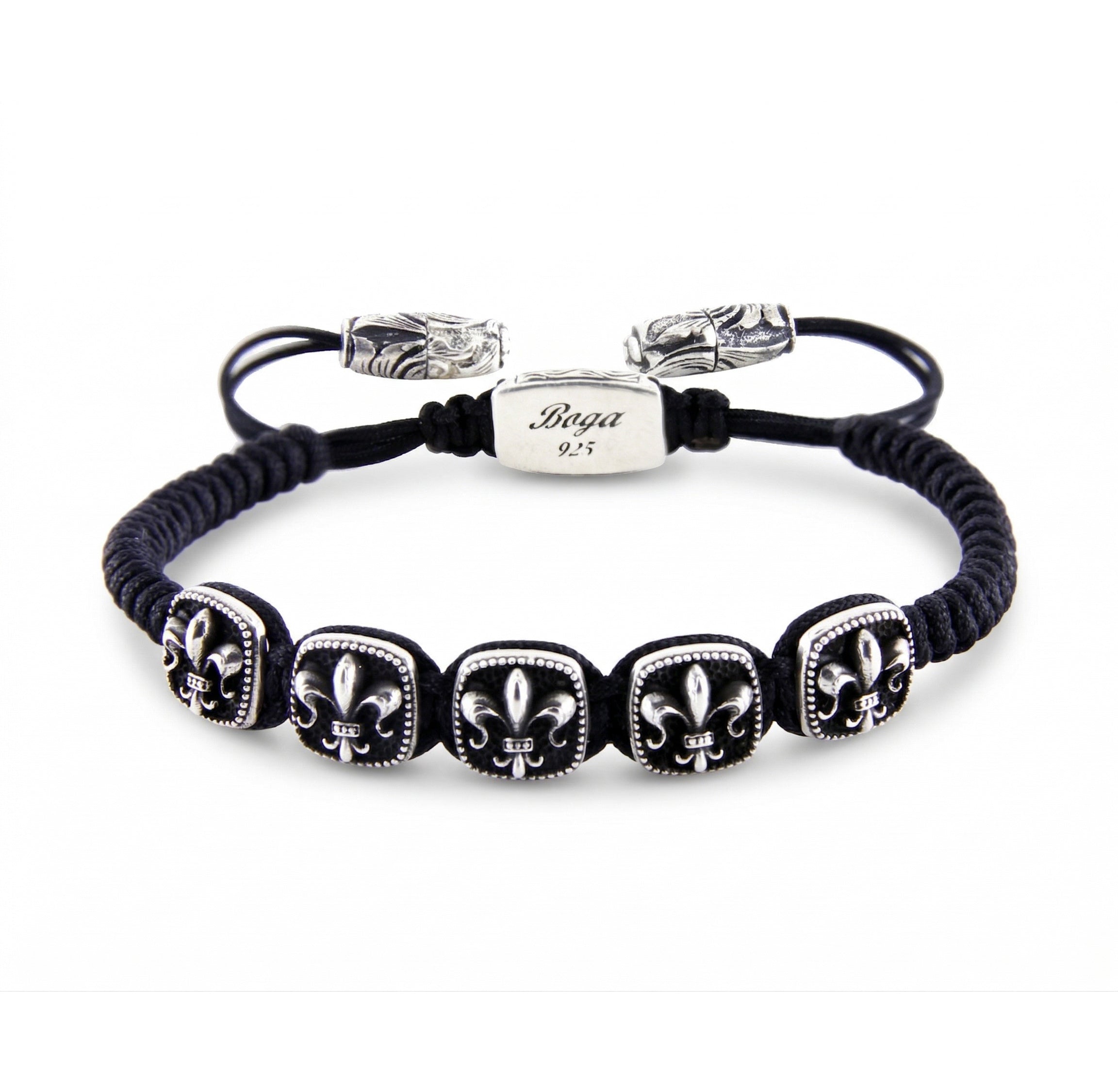 Fleur de Lis Rds Snake Macrame Bracelet in Sterling Silver