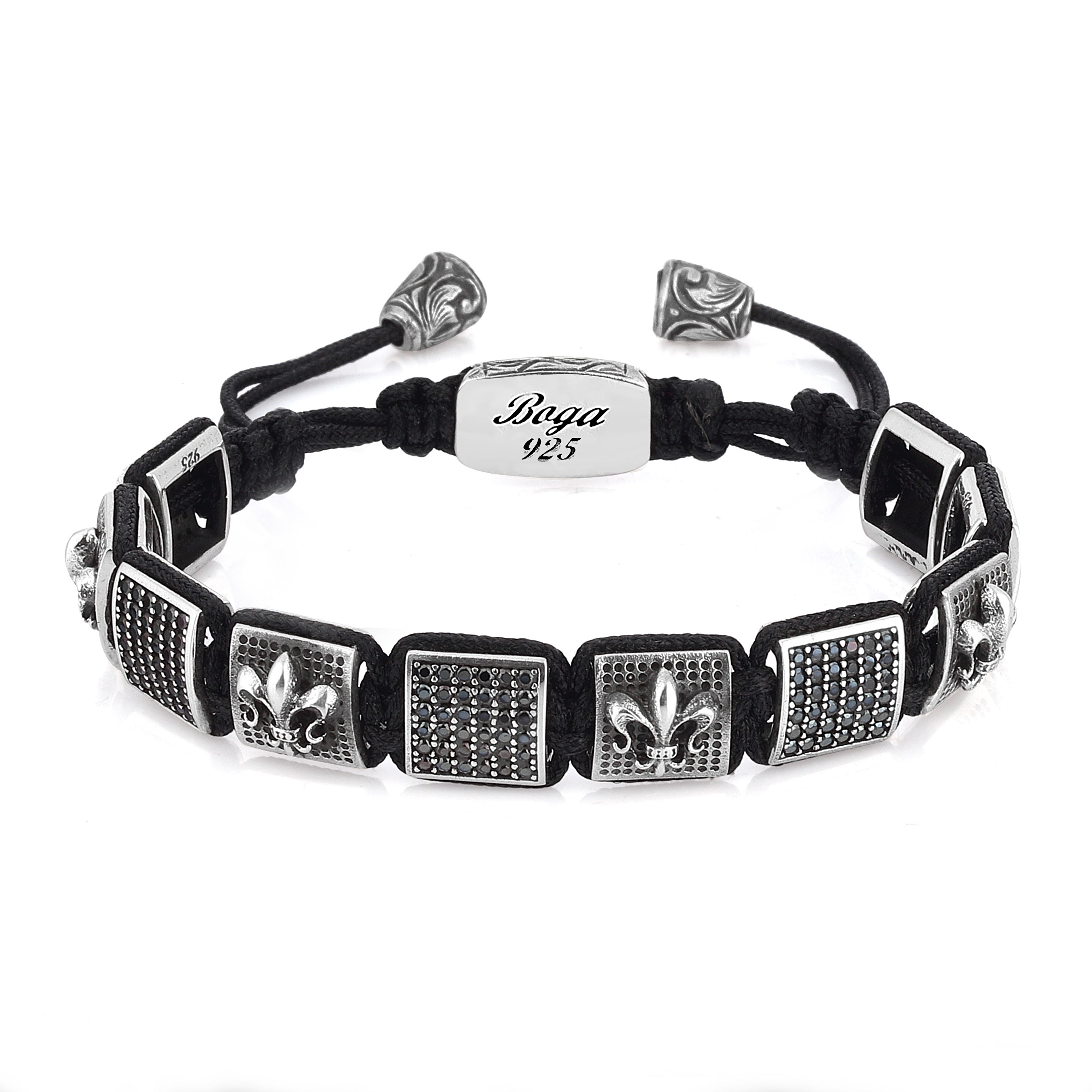 Fleur de Lis Zircon Macrame Bracelet in Sterling Silver
