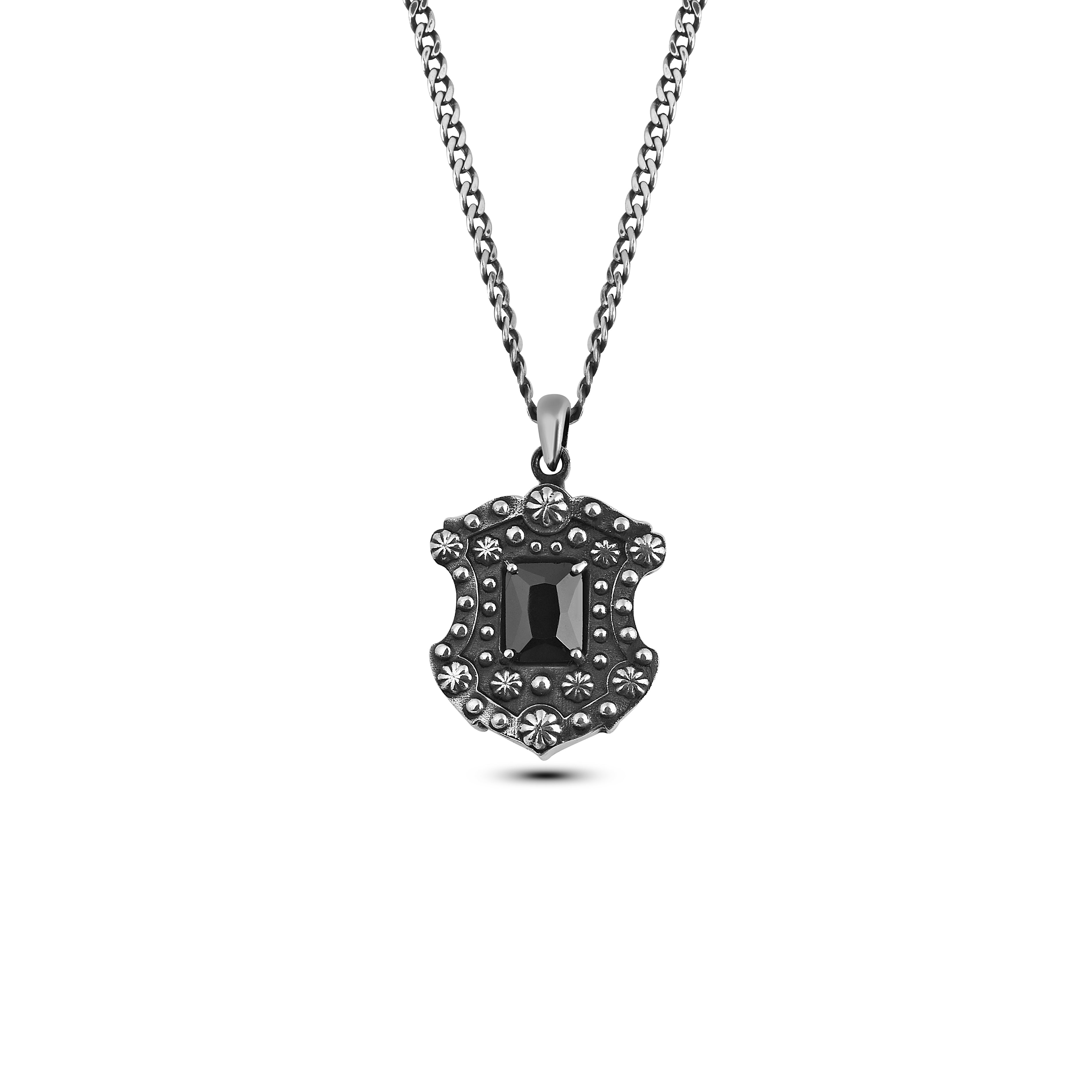 Floral Shield Octagon Zircon Necklace in Sterling Silver