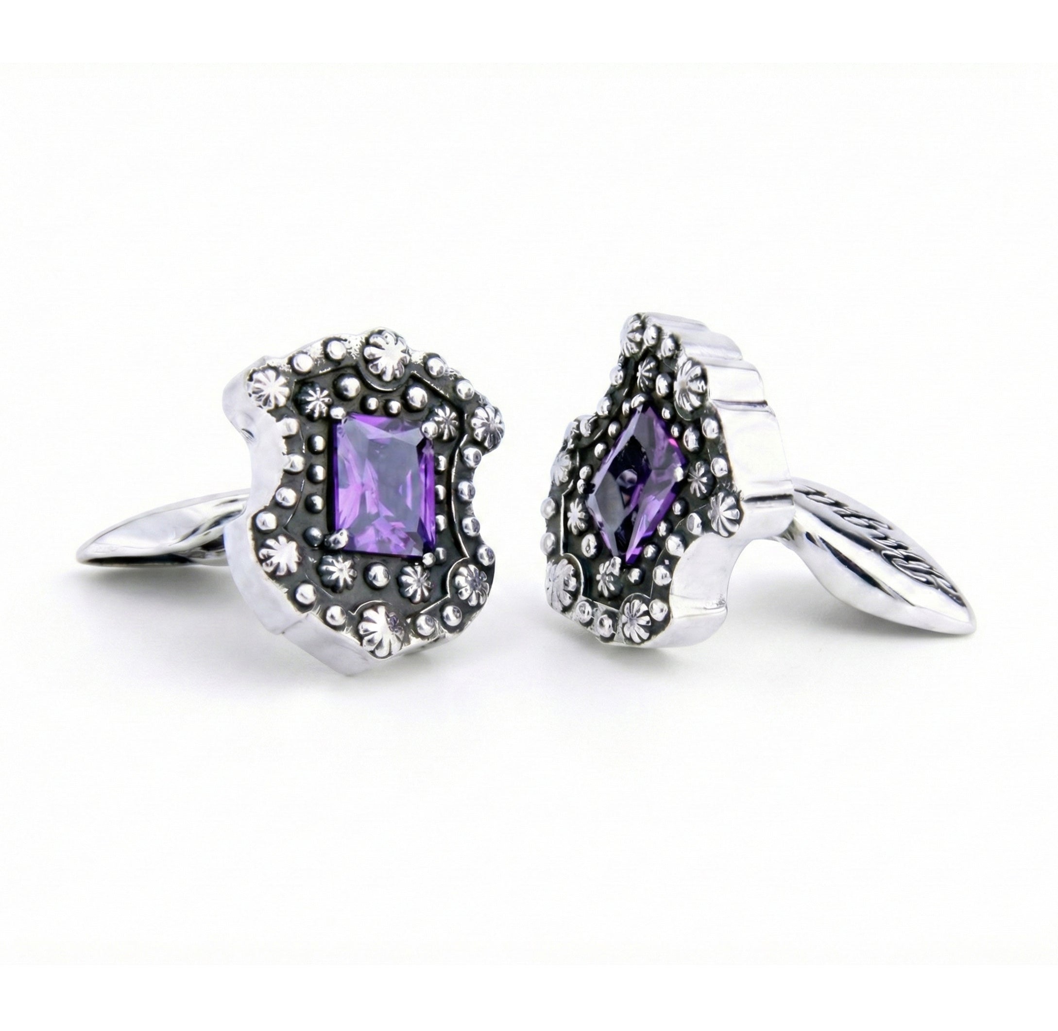 Floral Shield Octagon Zircon Cufflinks in Sterling Silver