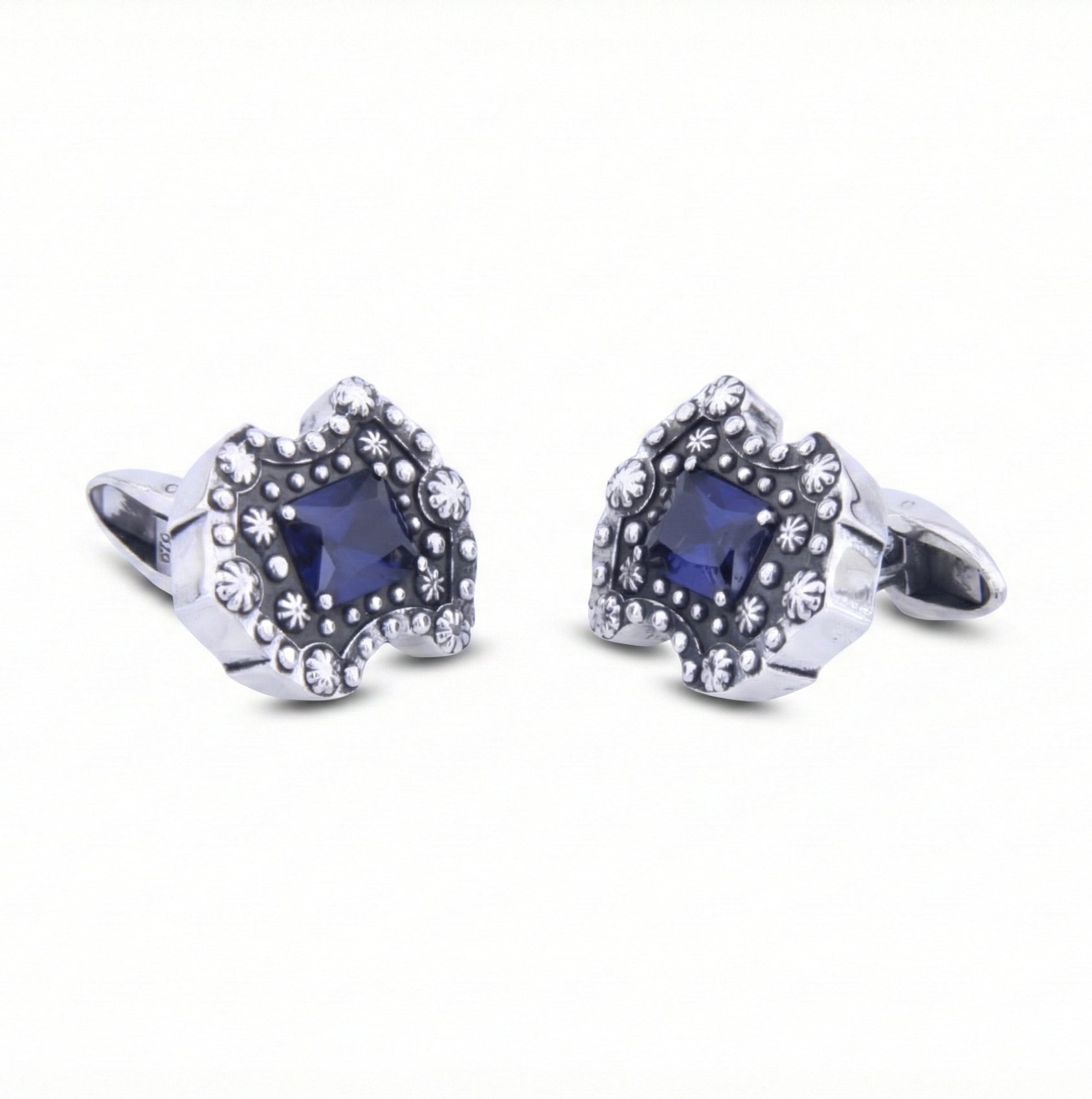 Floral Shield Octagon Zircon Cufflinks in Sterling Silver