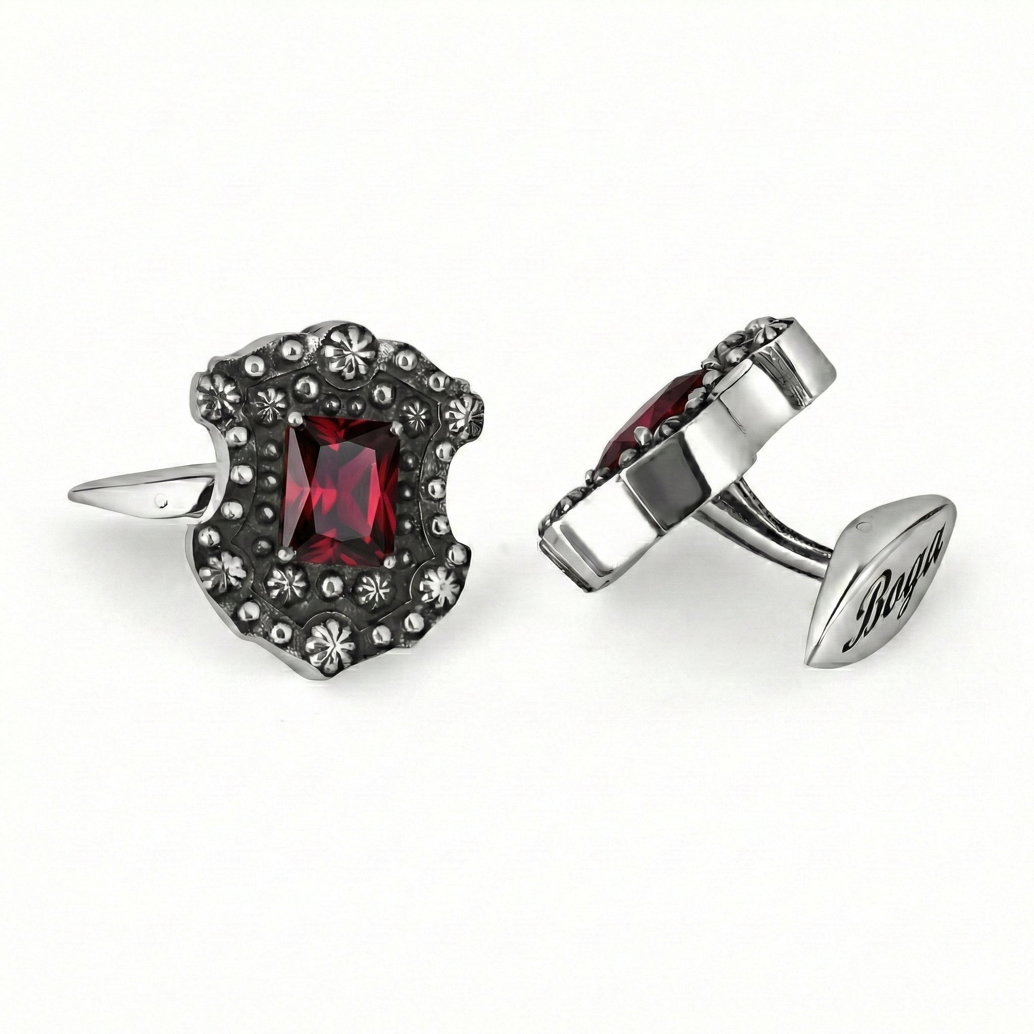 Floral Shield Octagon Zircon Cufflinks in Sterling Silver