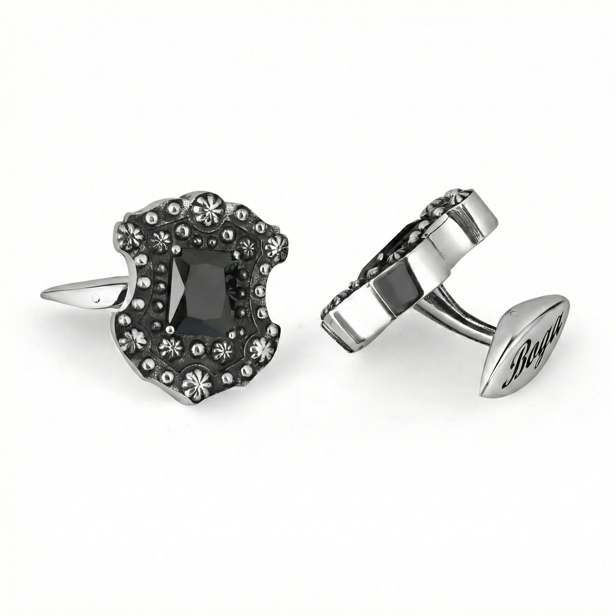 Floral Shield Octagon Zircon Cufflinks in Sterling Silver