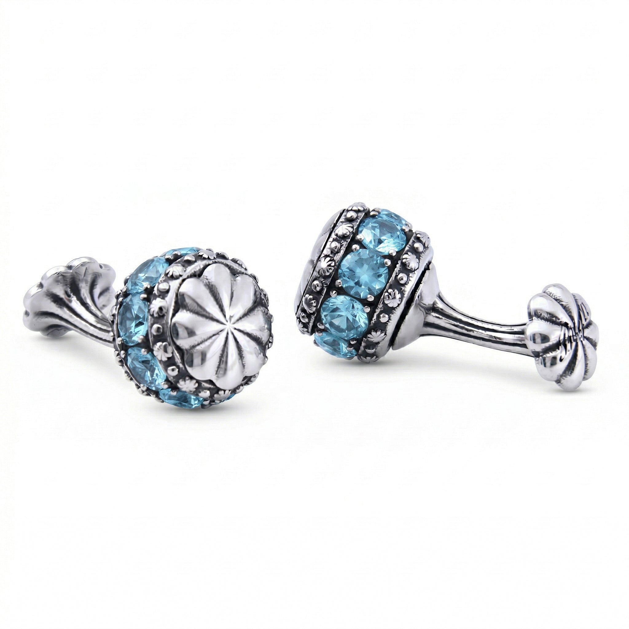 Flt Sphere Zircon Floral Cap Cufflinks in Sterling Silver