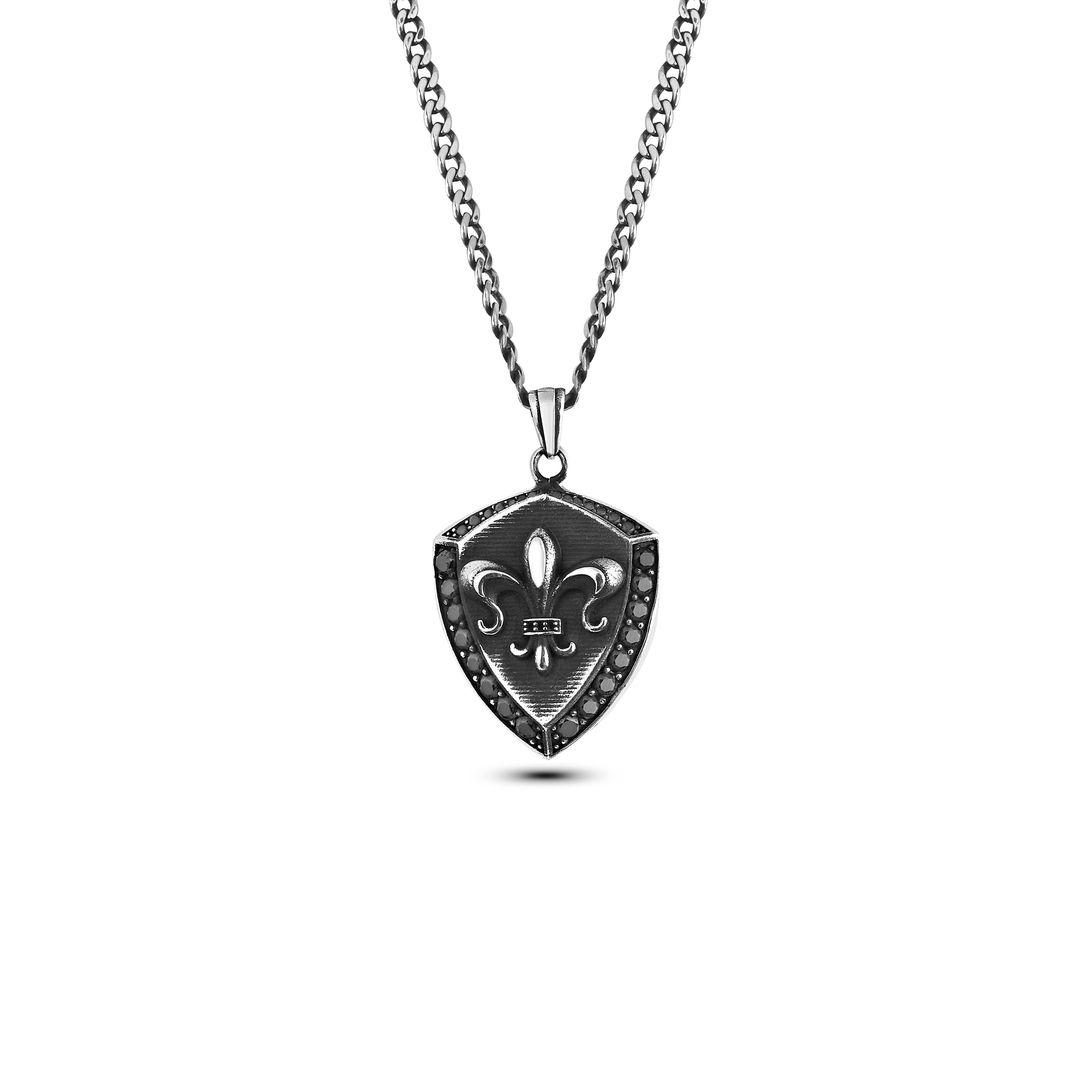 Heraldic Fleur de Lis Sh Zircon 80gm Necklace in Sterling Silver