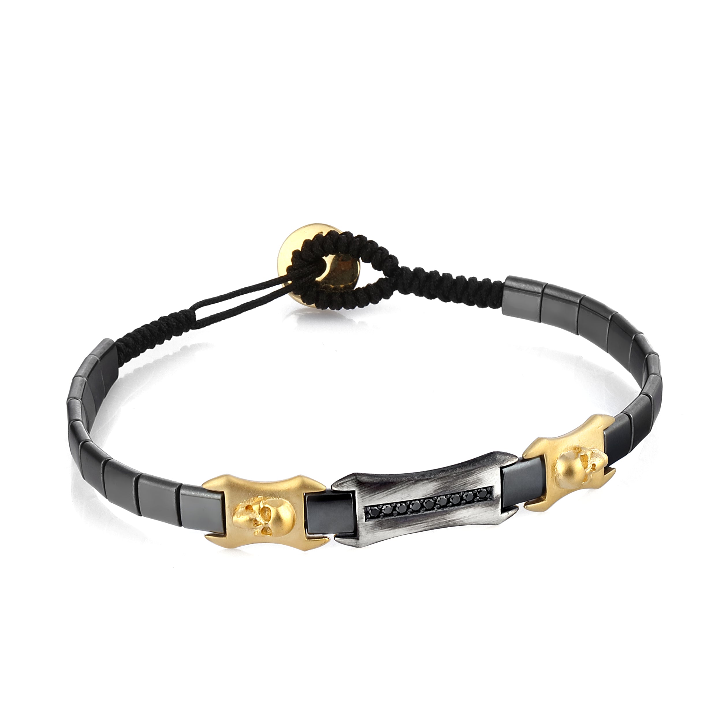 Hematite 14K Skull Black Diamond Silver Disc in 14K Gold