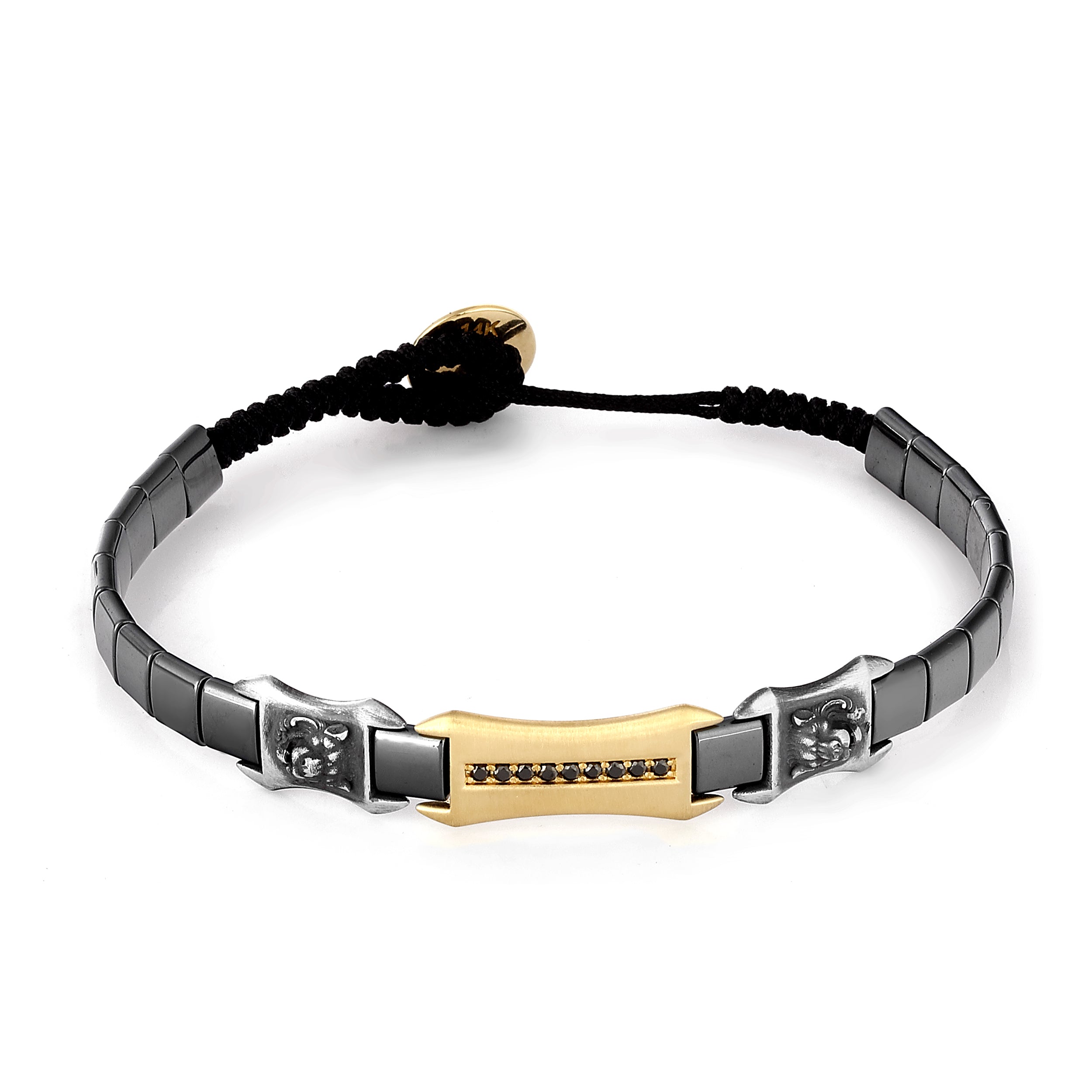 Hematite Silver Lion Black Diamond Disc in 14K Gold